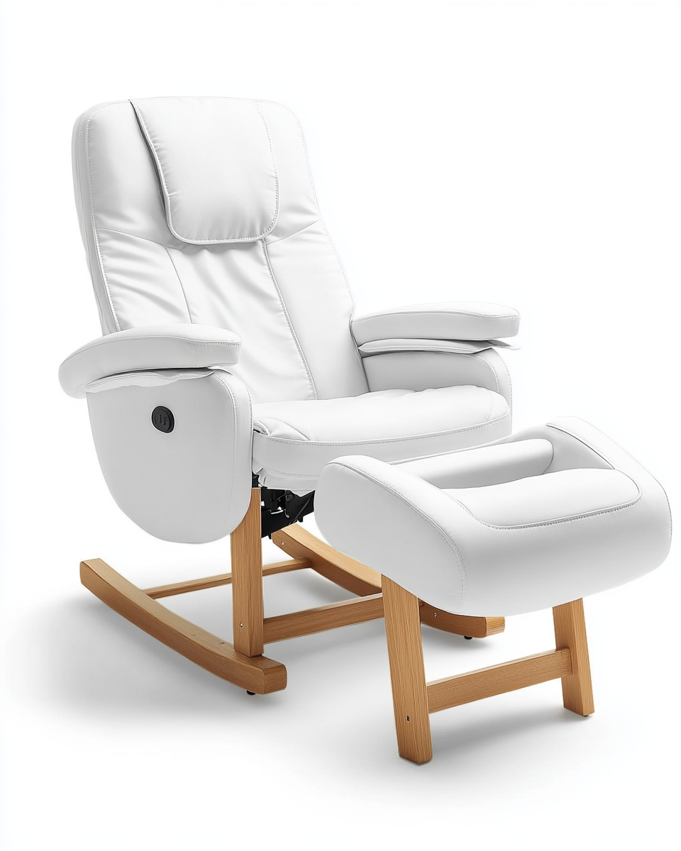 Sillón reclinable blanco con función mecedora y reposapiés