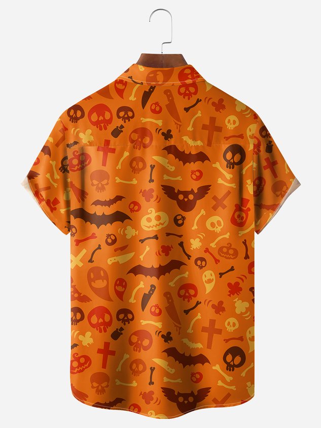 Halloween Skull Surfing Chest Pocket Short Sleeve Shirt