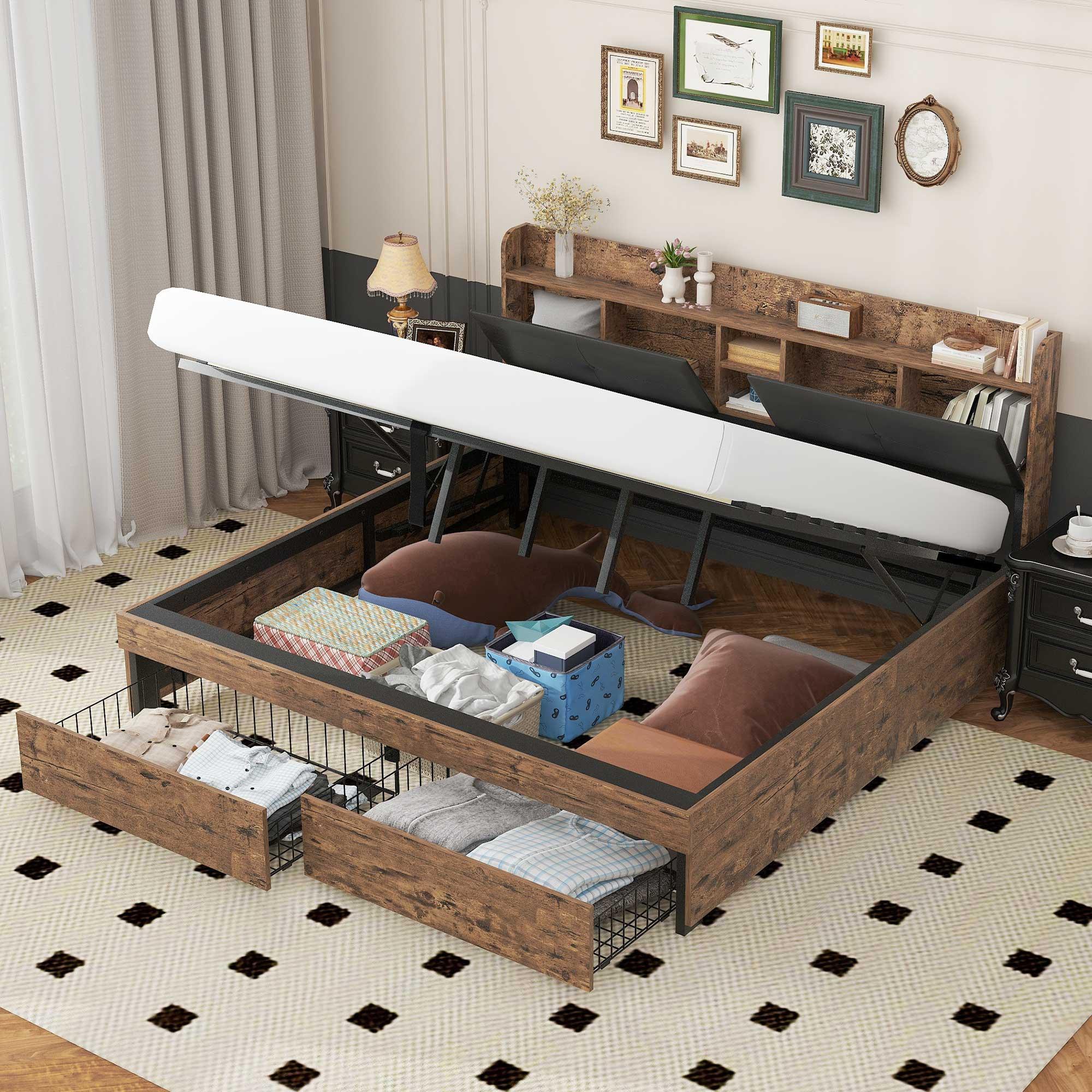 Cama con almacenaje 180x200cm - con cabecero con almacenaje y somier de láminas de metal - Natural oscuro y negro