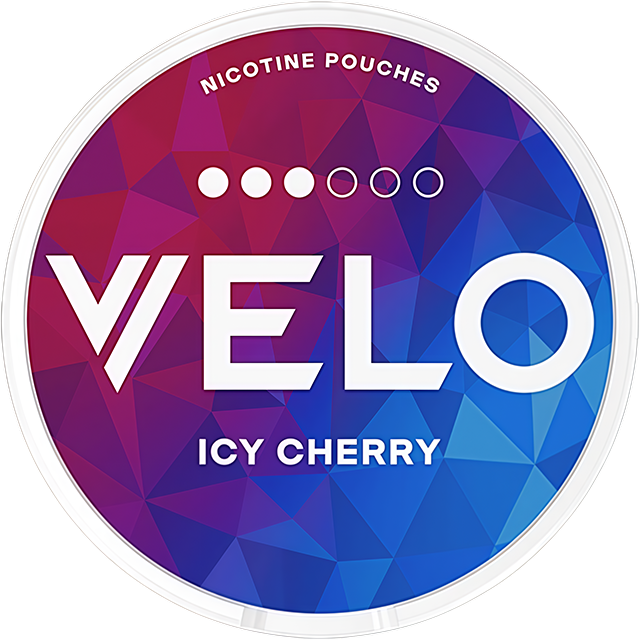 VELO Icy Cherry 12mg nicotine pouches — Slim Moist can with 20 strong cherry-menthol pouches