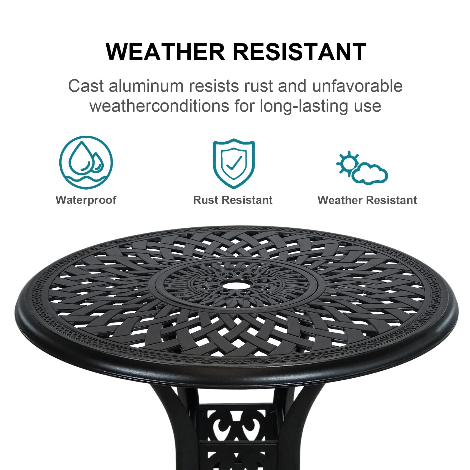30.3 Inch Round Patio Table Cast Aluminum Patio Table,Metal Patio Dining Table with Umbrella Hole,All Weather Outdoor Bistro Dining Table for Backyard, Garden, Balcony, Black - Image 2