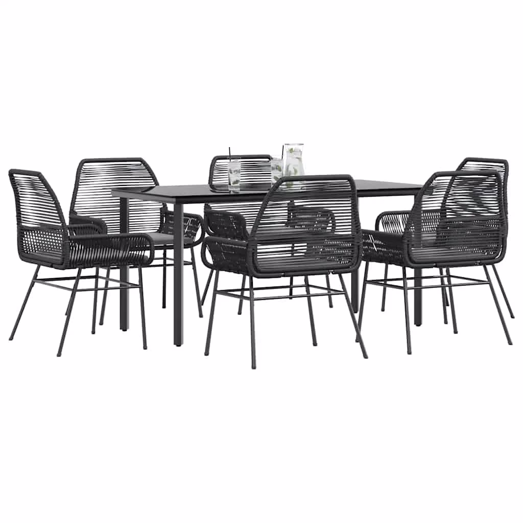 Vidaxl 7 Piece Patio Dining Set with Cushions Black Poly Rattan Glass(8/Black + 78.7" x 39.4" x 29.1")
