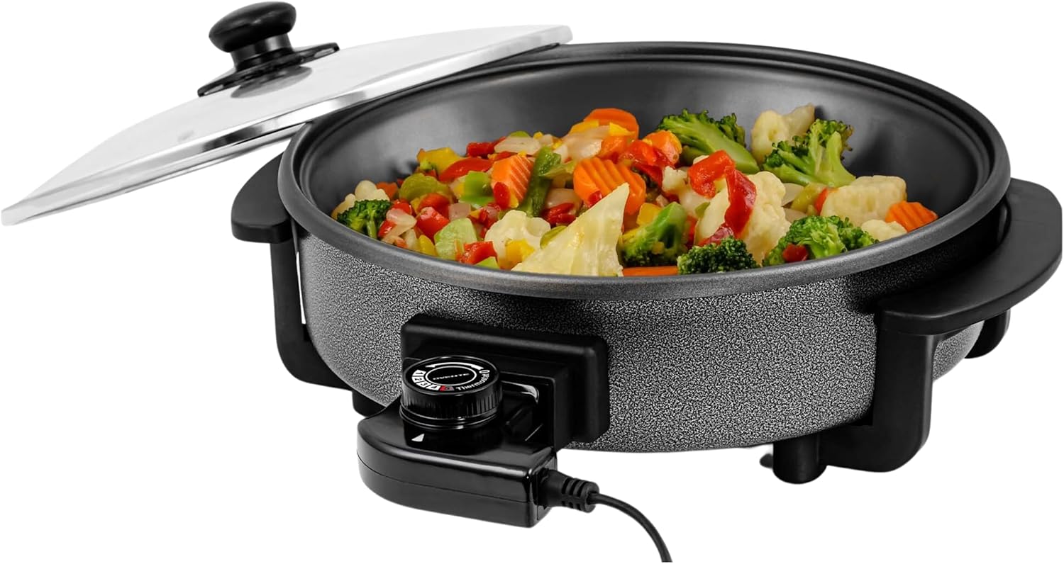 OVENTE Electric Wok with Nonstick Coating, 13 Inch Family-Sized Skillet, 1400W Power, Adjustable Temperature, Tempered Glass Lid, Cool Touch Handles and Easy to Clean Frying Surface, Copper SK3113CO