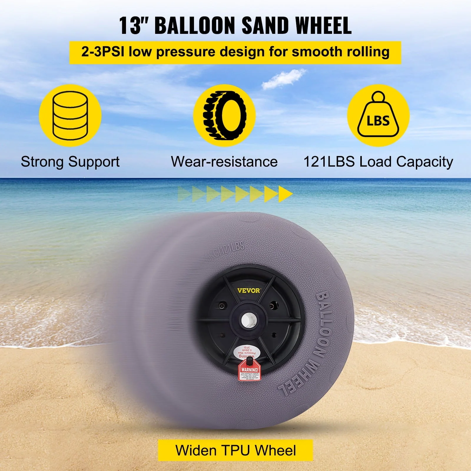 VEVOR Beach Balloon Wheels, 13" Replacement Sand Tires, TPU Cart Tires for Kayak Dolly, Canoe Cart and Buggy w/ Free Air Pump, 2-Pack - Image 4