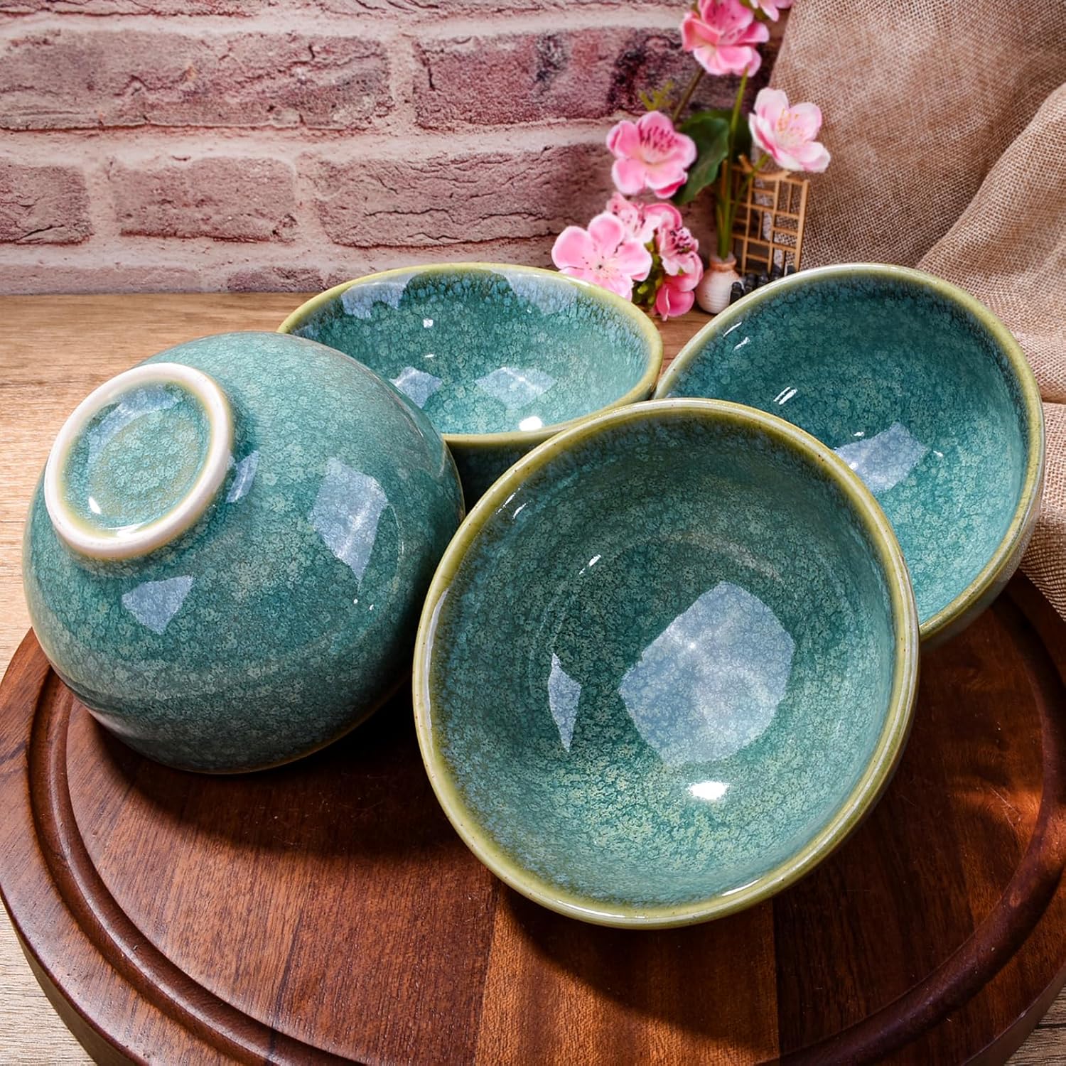 Porcelain Rice Bowls Ceramic Sushi Bowl Set of 4 Perfect for Soup Cereal Oatmeal Fruit Rice Microwave and Dishwasher Safe Green