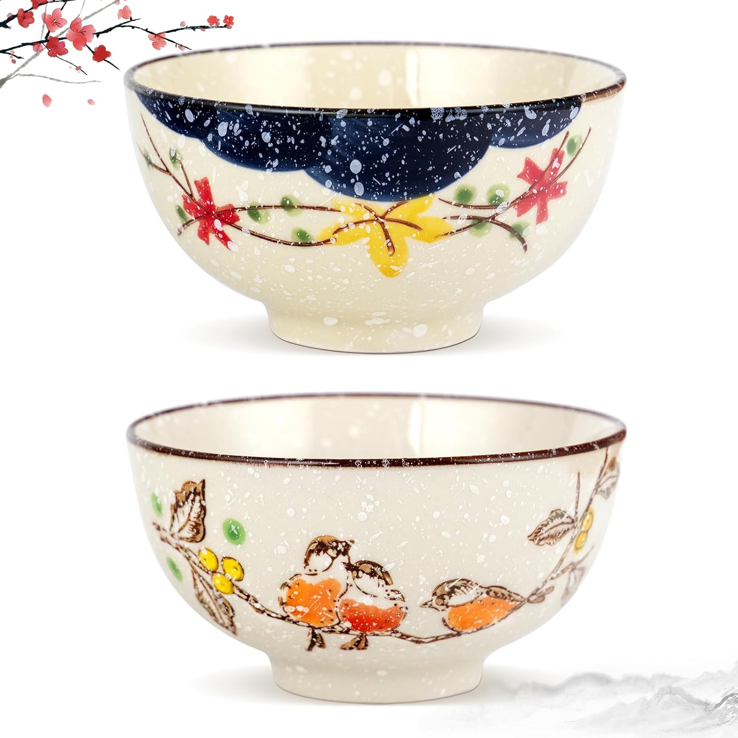clothmile 4.5 Inch Japanese Retro Rice Bowls Set of 6 Japanese Style Hand-Painted Floral Plum Ceramic Bowls for Cereal, Soup, Dessert, Snack, Fruit, Salsa for Xmas Holiday Present