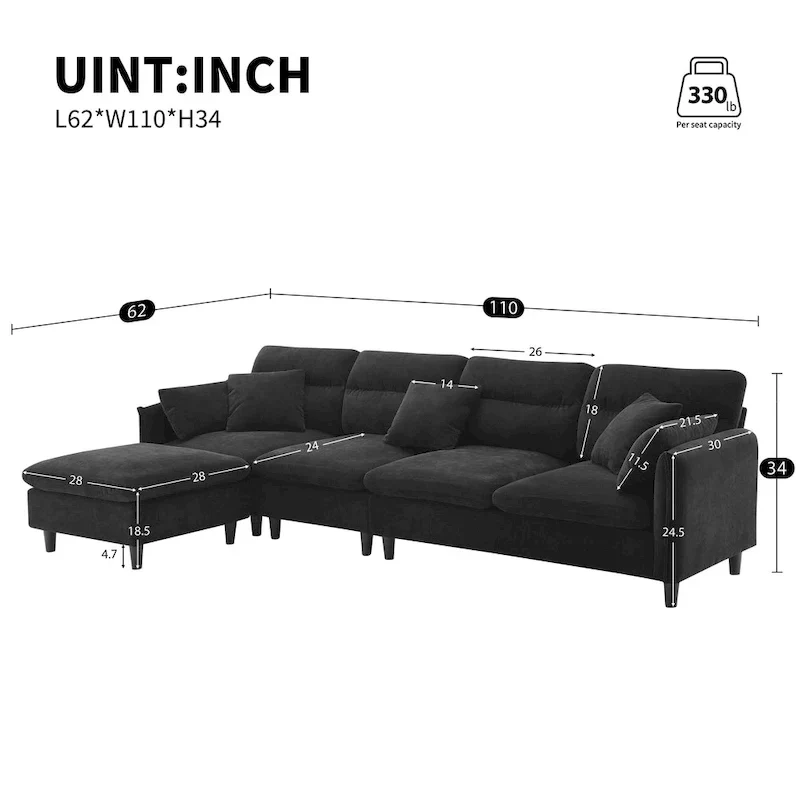 110-Inch L-Shaped 5-Seater Sectional Sofa with Removable Ottoman, Cloud Chenille Fabric, and 5 Cushions
