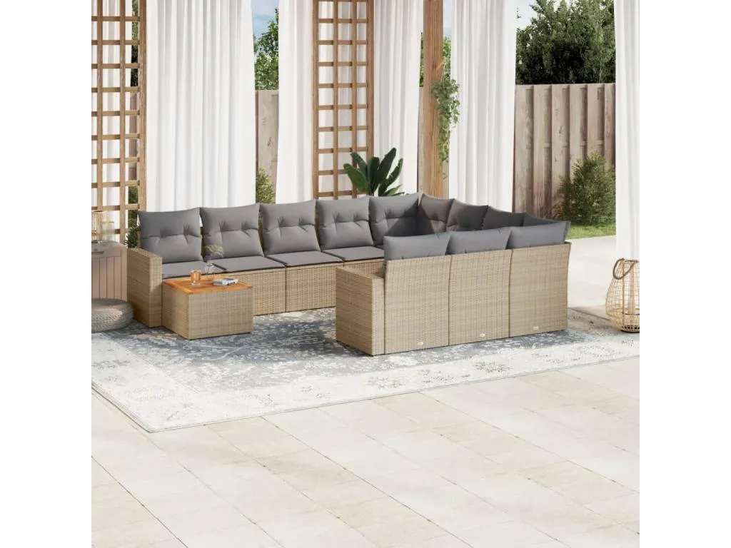 Set de sofás de jardín 11pzas con cojines ratán sintético beige tjuf85664