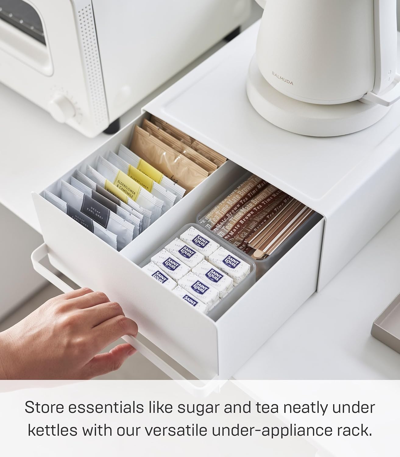 Yamazaki Home Tower Kitchen Appliance Rack With Drawers - Space-Saving Under-Appliance Storage Organizer For Sugar, Tea Packs, Mixers, Coffee Makers, Electric Pots - Steel
