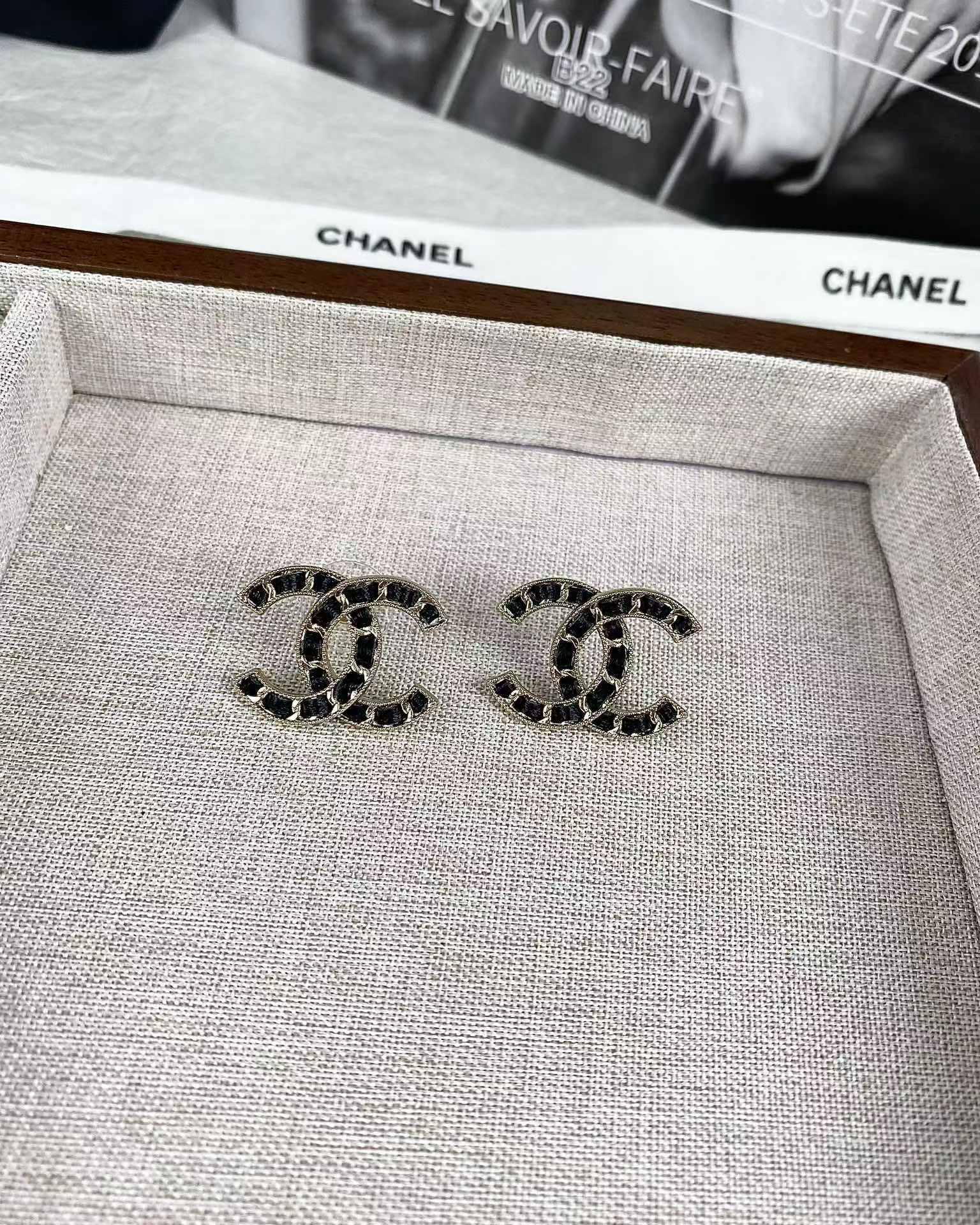 Chanel Light Gold & Black Leather Double C Earrings - Original Replica Club