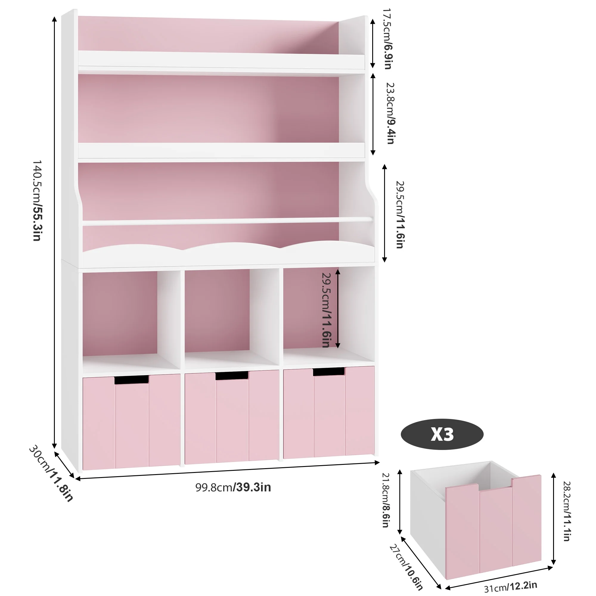 Homfa 55.5- H Kids Bookshelf with 2-Tier Book Shelves, Children Toy Organizer with 3 Cubes and Removable Drawers, White - Image 13