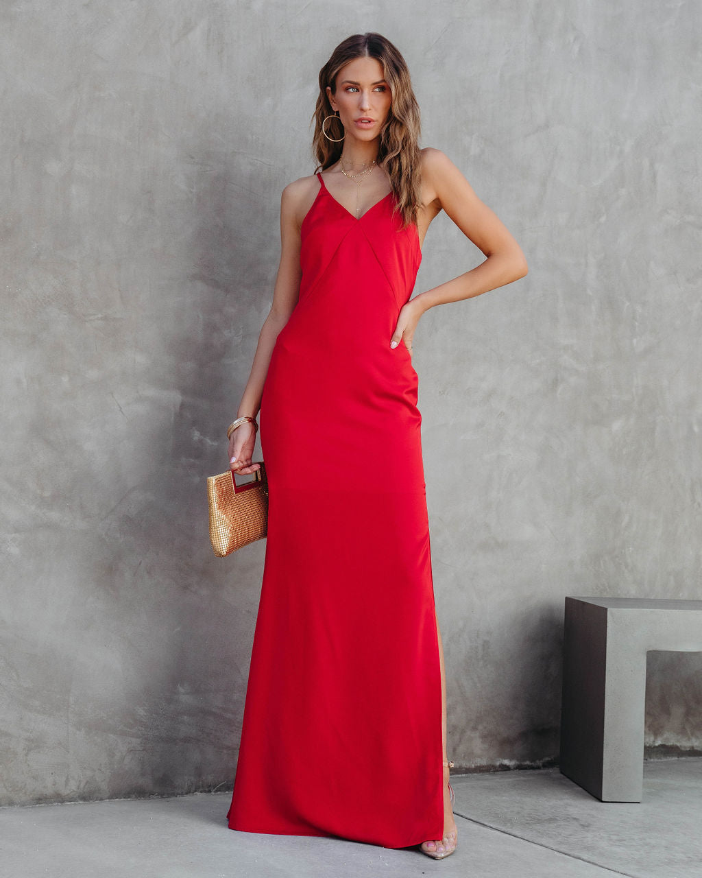 Evianna Satin Slit Maxi Dress - Red - Se7enfashion