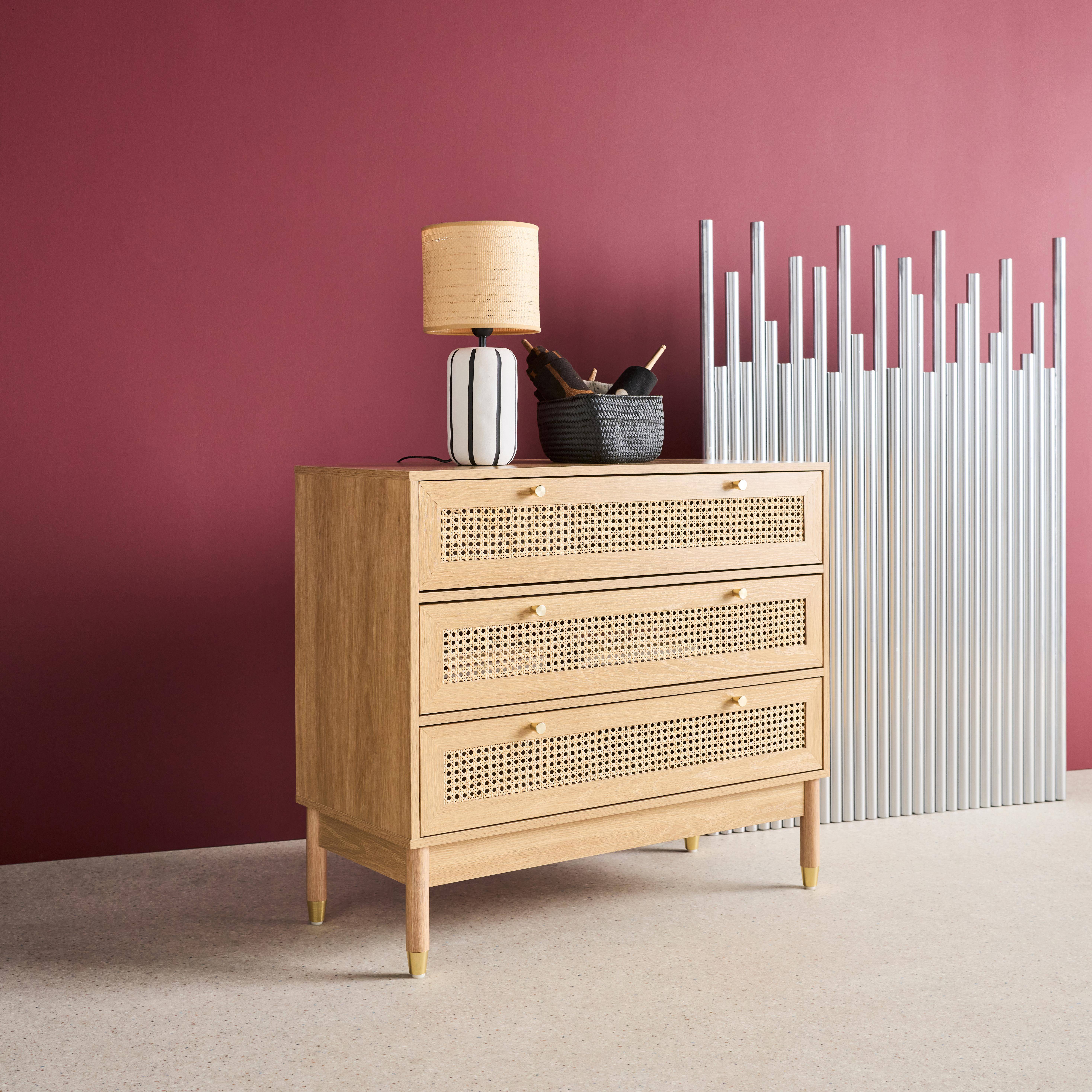 Judith - Cómoda con decoración madera y mimbre, 3 cajones
