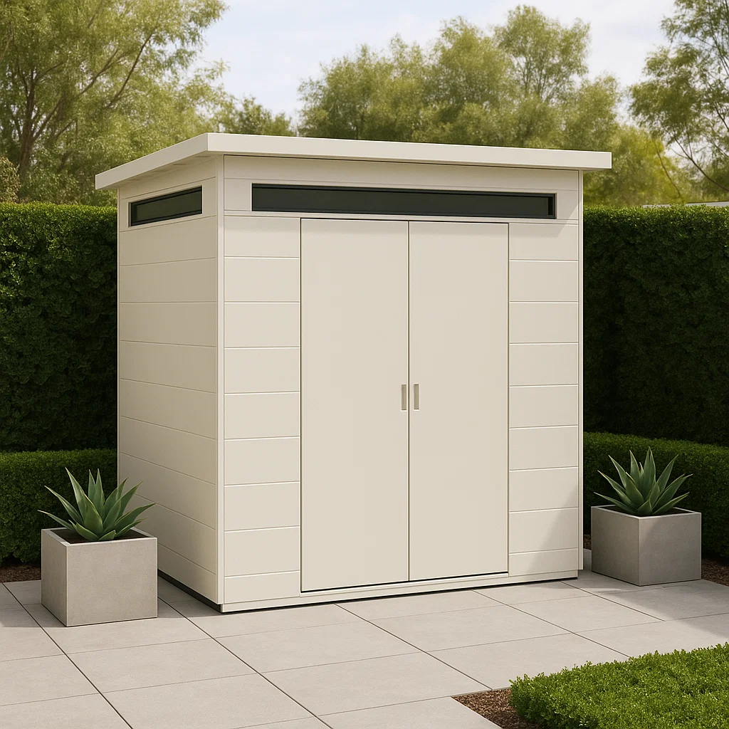 Caseta de jardín con puertas abatibles color crema de resina para exteriores 210x140x190 cm VkRnpbu219qY