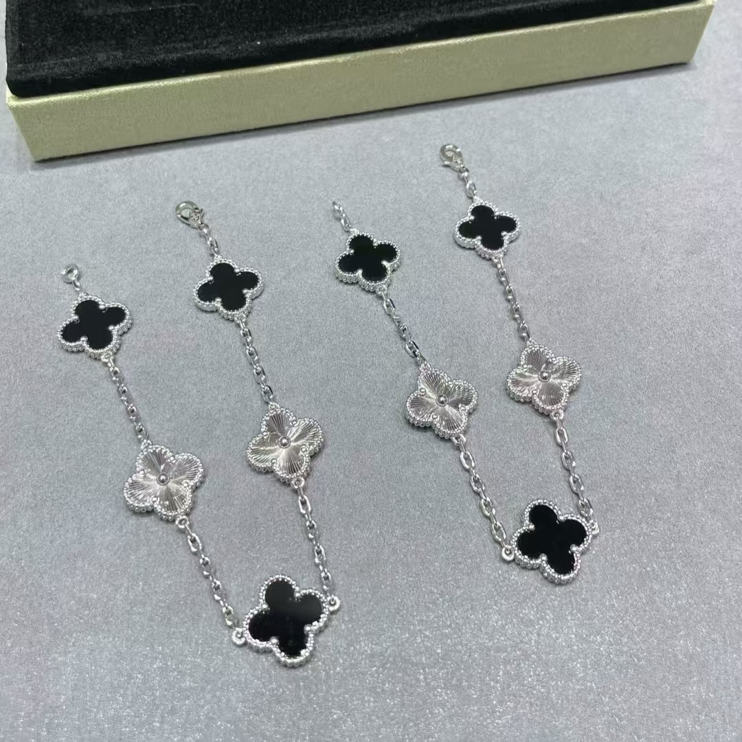 VCA Black Onyx & Silver Vintage Alhambra Bracelet, 5 Motifs - Original Replica Club