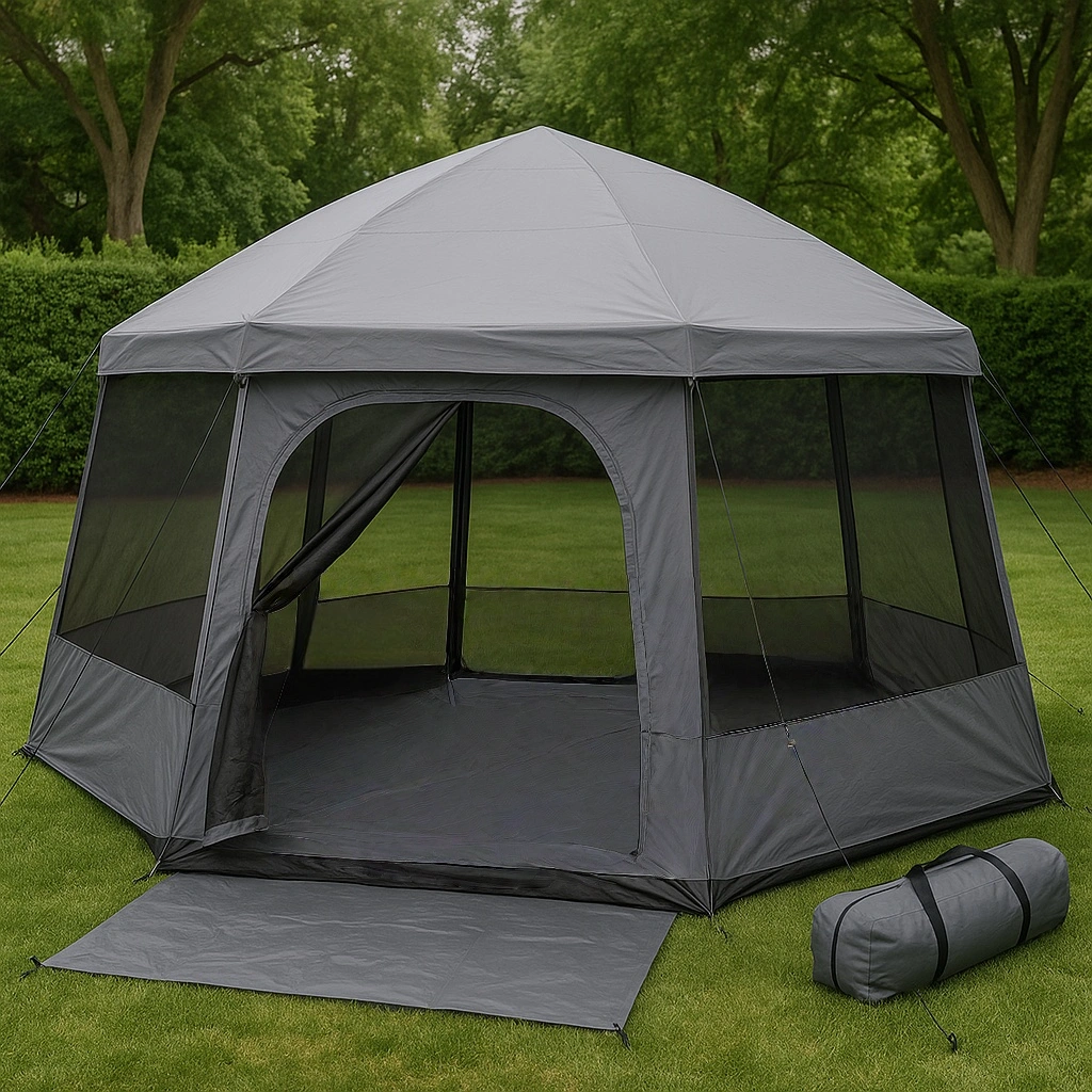 Carpa cenador heptagonal de poliéster gris para uso exterior, jardín/camping, 350x350x260 cm - SkfzgmA336WL