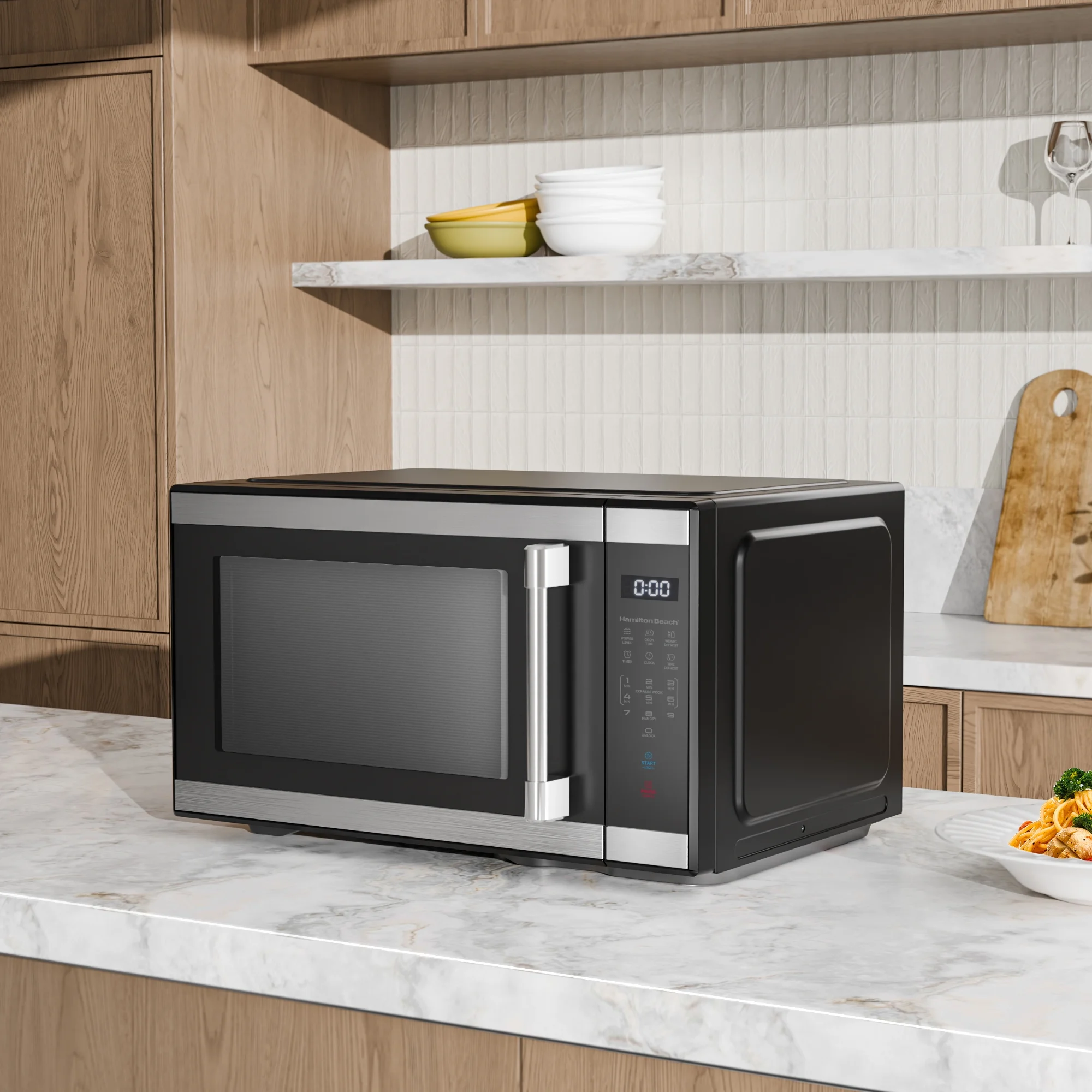 Hamilton Beach 1.1 cu ft Countertop Microwave Oven, Black and Stainless Steel