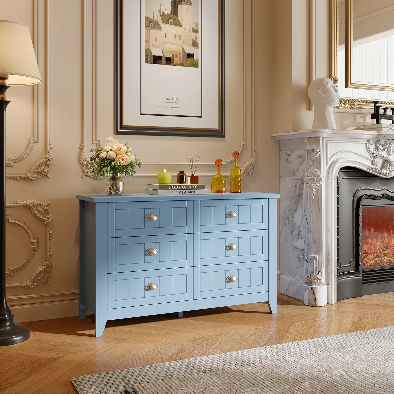 6 Drawer Dresser, Light Blue Elegant Chest of Drawers, Large Cabinet with Storage, Rustic Wood Chest of Drawers for Bedroom, Living Room, Hallway - Image 15