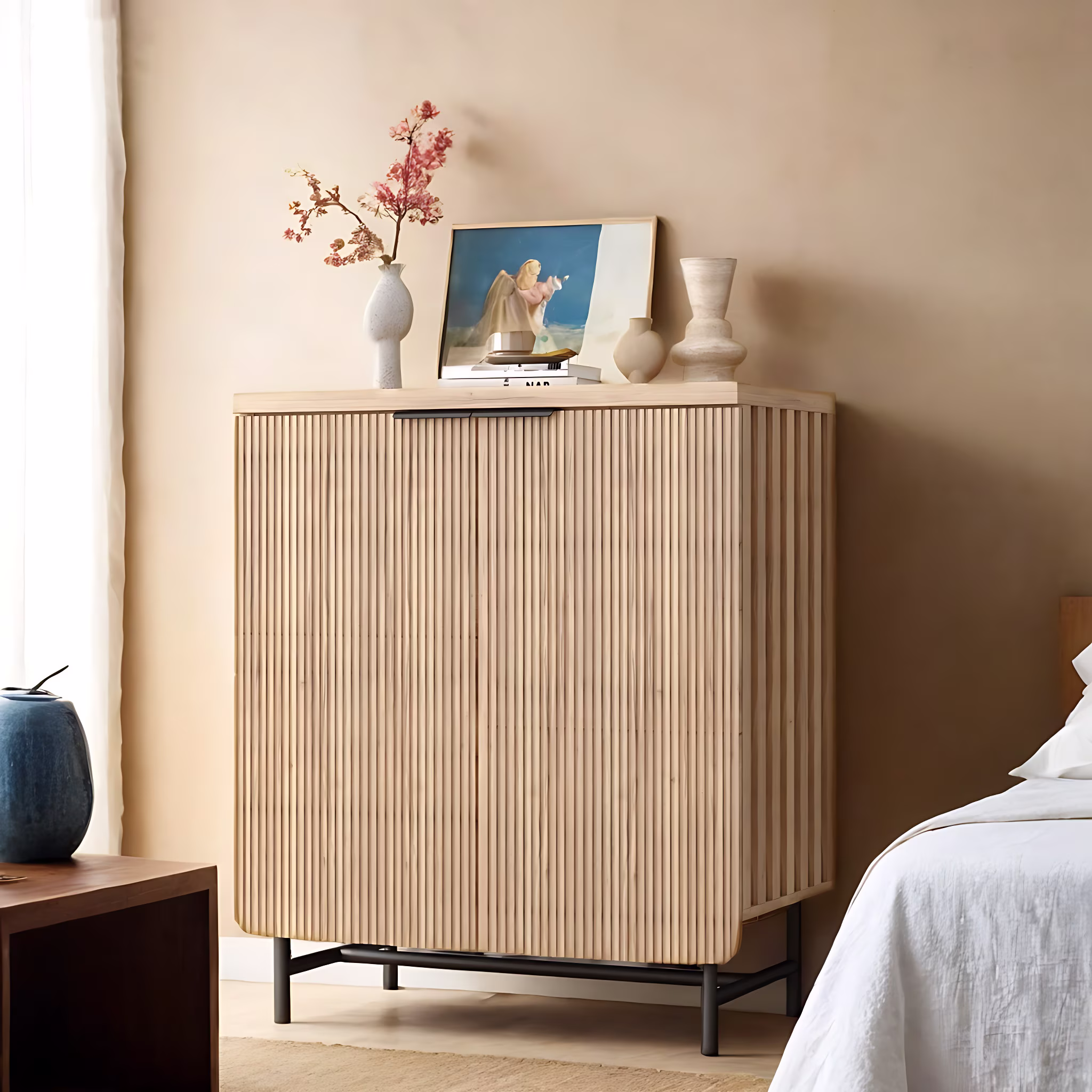 Vivvoo 30" Wood Nightstand Fluted Door Accent Cabinet