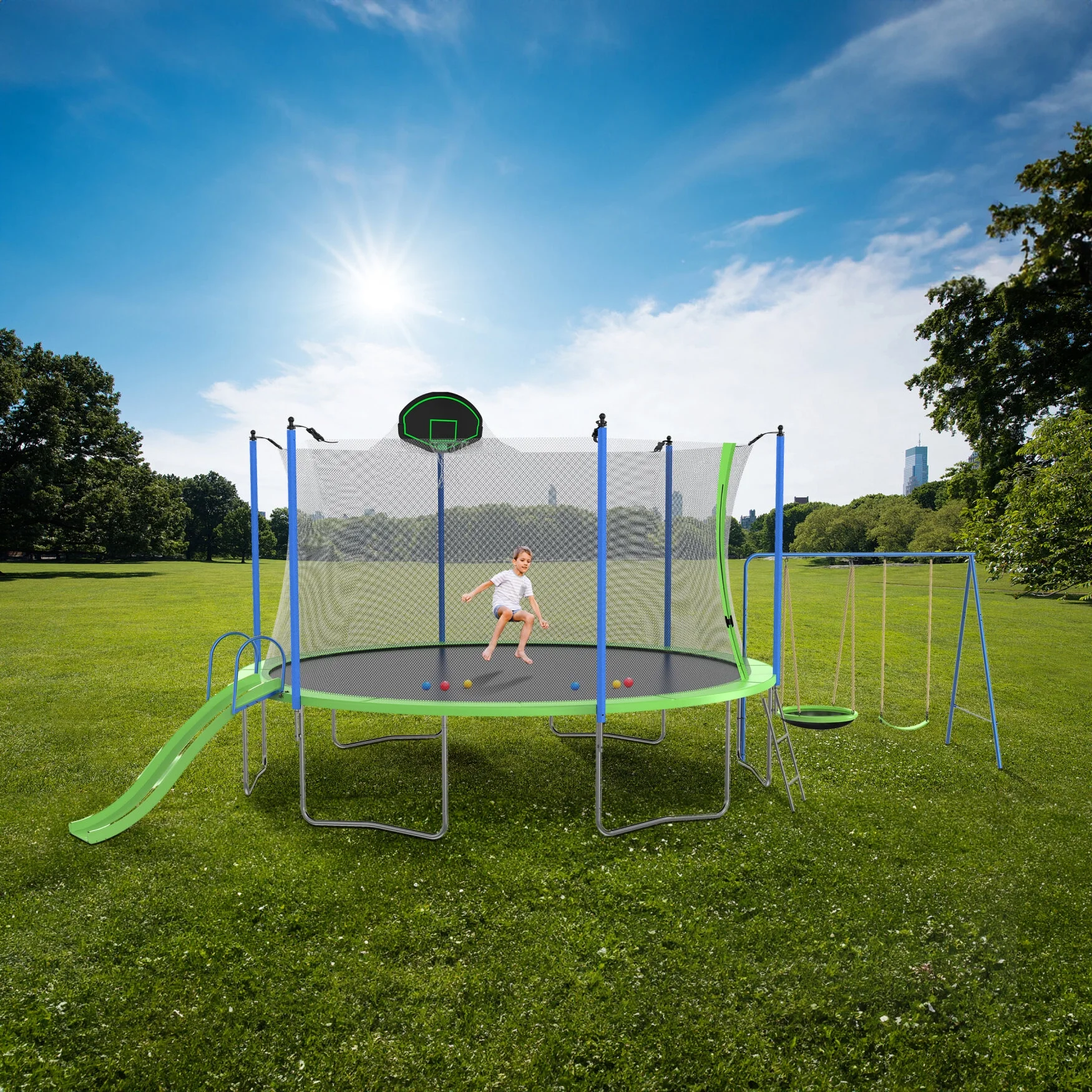 12FT Trampoline with Slide and Swings, Large Outdoor Backyard Trampoline with Basketball Hoop and Ladder for Kids and Adults - Image 2