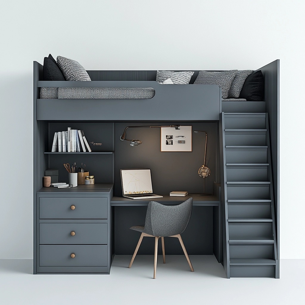 Cama Litera con Escritorio de Madera para Niños Gris Espacio de Estudio