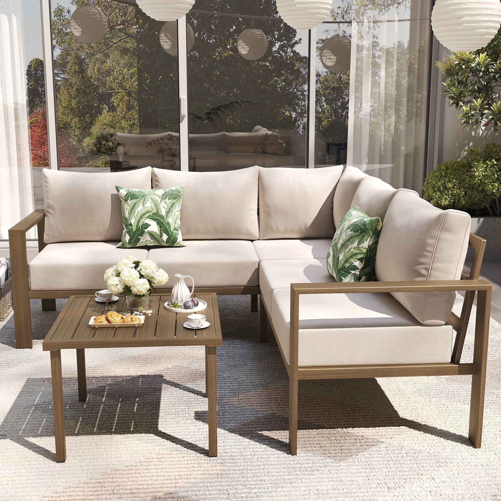ELPOSUN 6 Pieces Patio Furniture Sets with 6" Thick Olefin Cushions, Metal Outdoor Sectional Furniture L Shape Patio Conversation Sets for Garden, Backyard Beige - Image 8