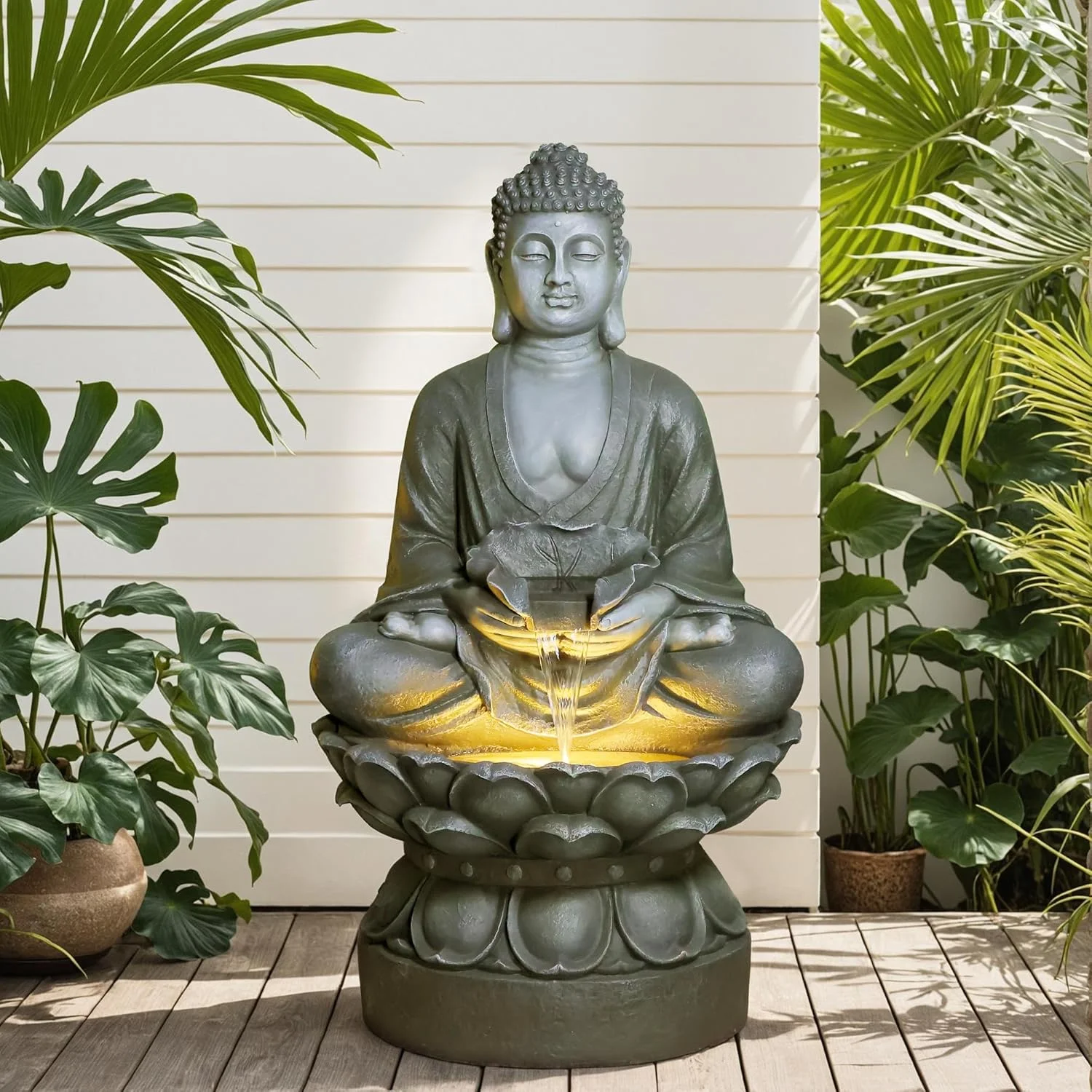 Buddha Water Fountain Outdoor Large Sitting Lotus Base Waterfall Fountains Zen Water Feature Indoor with LED Light for Garden Patio Backyard Deck Lawn Porch Balcony Home 45 inches Gold - Image 8