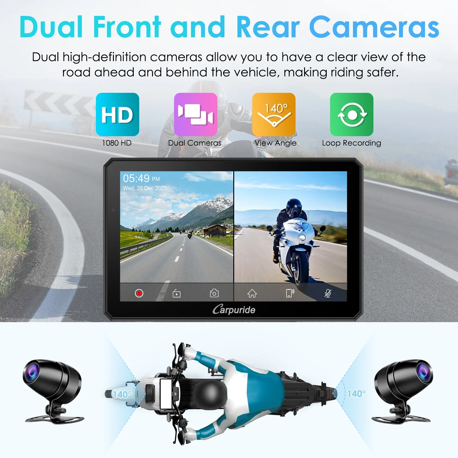 Carpuride Motorcycle HD Dual 1080P Dash Cam, Wireless Apple CarPlay & Android Auto Wire Control, Horizontal Vertical Rotation 7" Touch Screen (712D) - Image 4