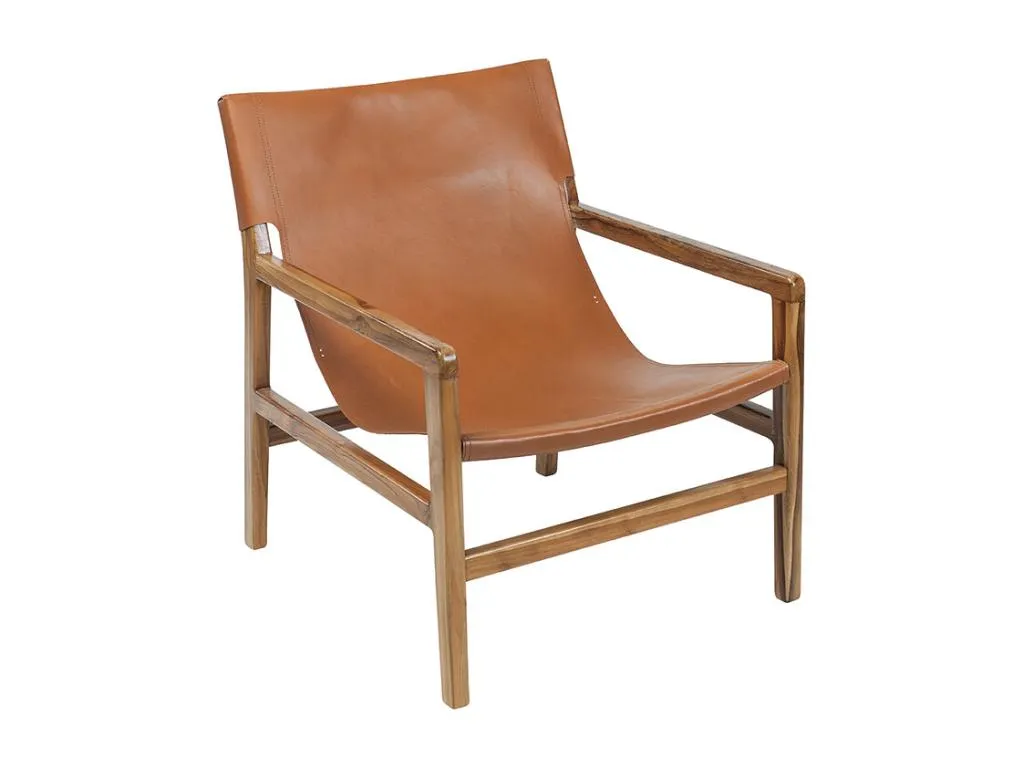 Sillón de teca y cuero marrón claro Quietena