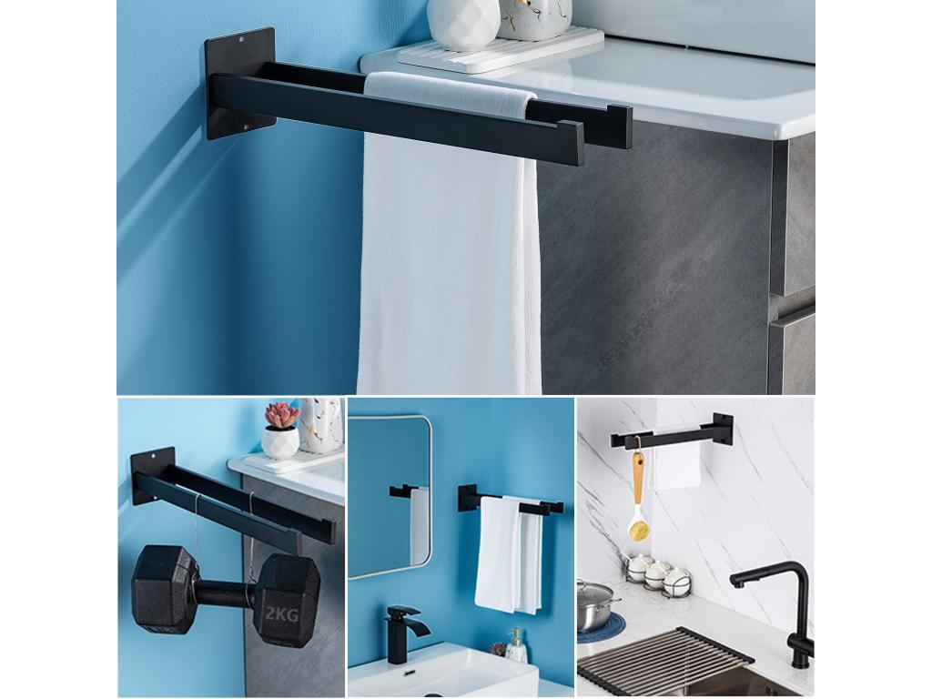 2PCS Toallero de baño, toallero de 40 cm, negro + toallero de baño, autoadhesivo/perforación, 60CM, acero inoxidable 304, negro