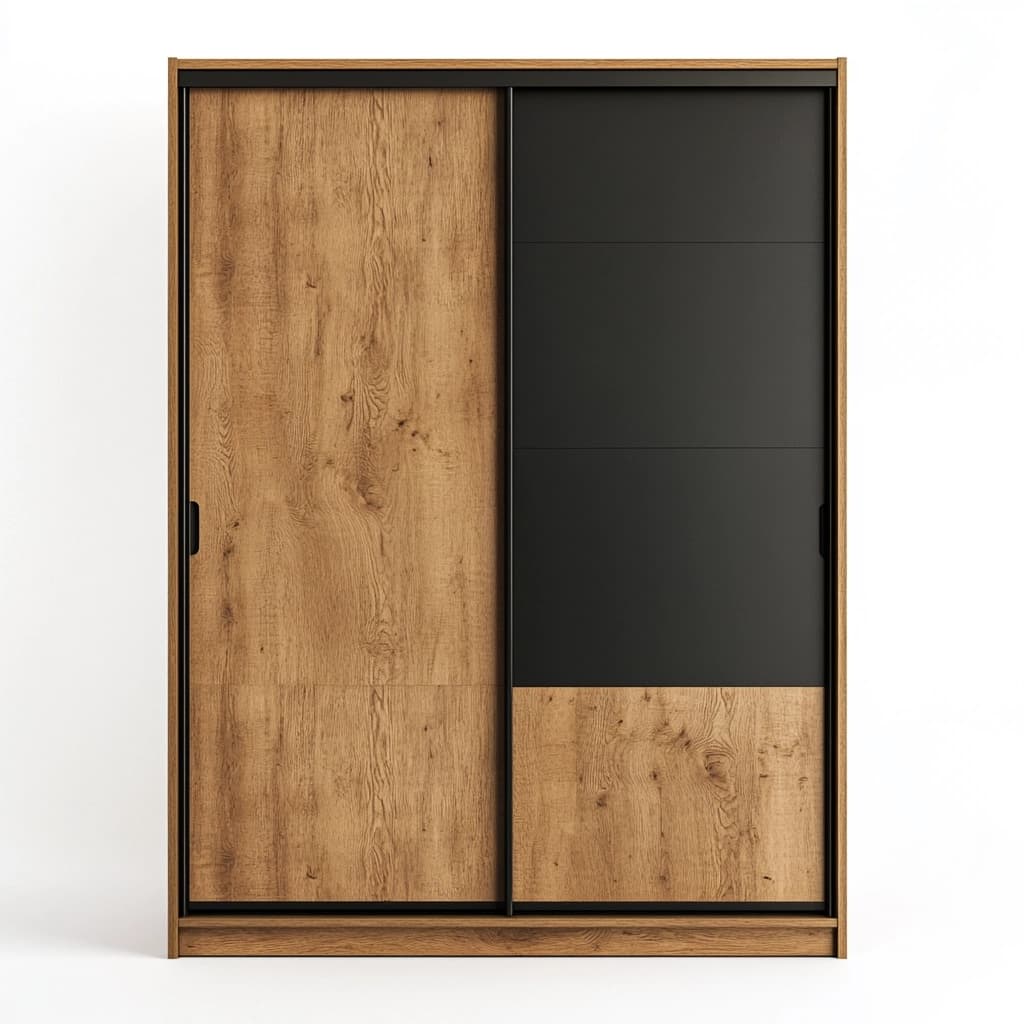Armario de puertas correderas moderno en roble y negro, madera y melamina, 160x200x60 cm