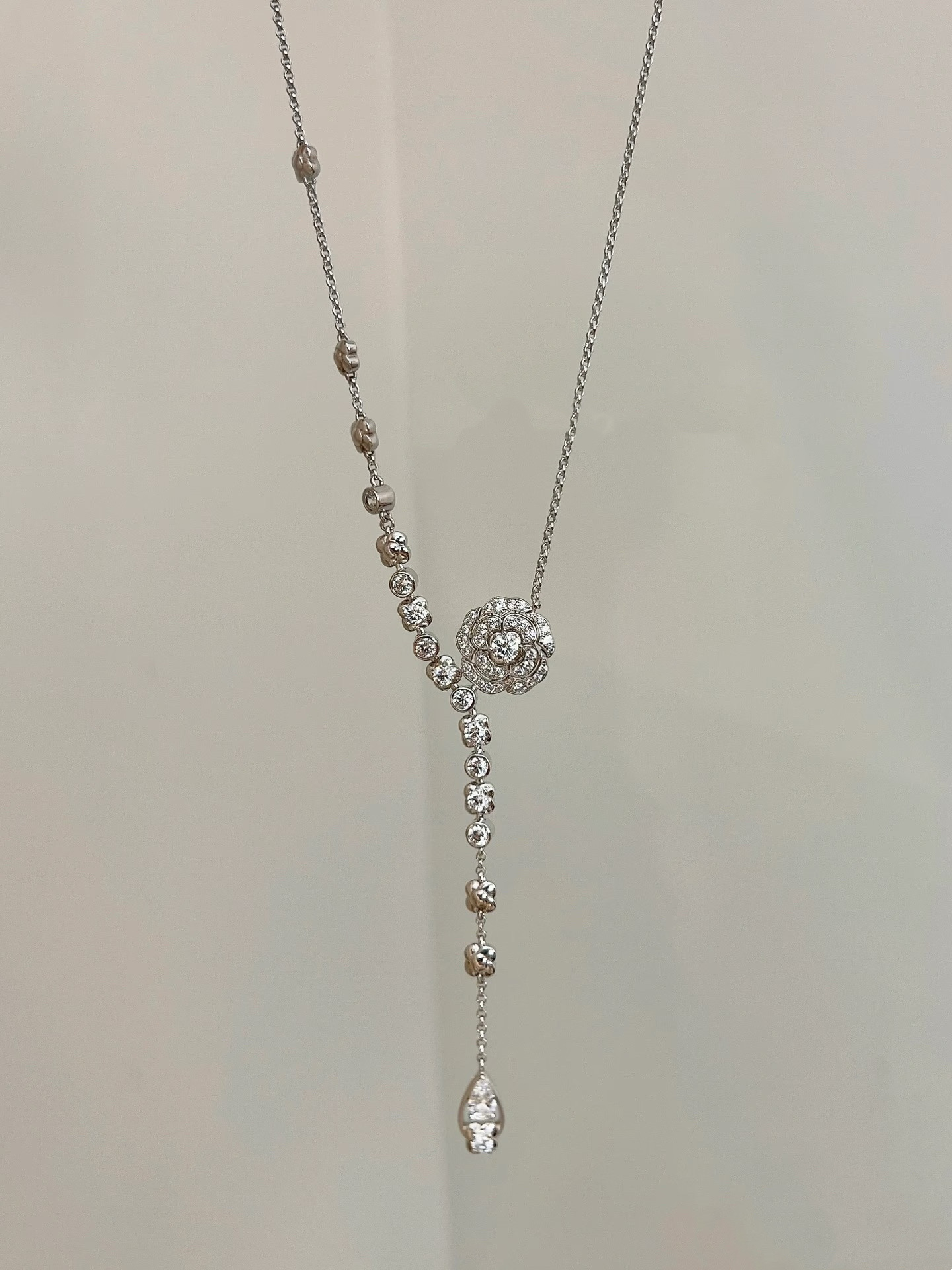Chanel Camellia Teardrop Y Necklace in Silver Color - Original Replica Club
