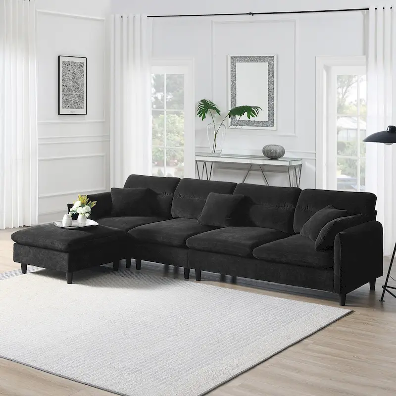 110-Inch L-Shaped 5-Seater Sectional Sofa with Removable Ottoman, Cloud Chenille Fabric, and 5 Cushions