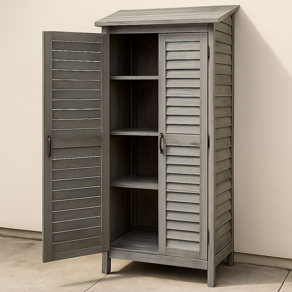 Armario de Madera de Acacia con Puertas Persianas y Estantes Ajustables – 183x95x53 cm, Acabado Gris