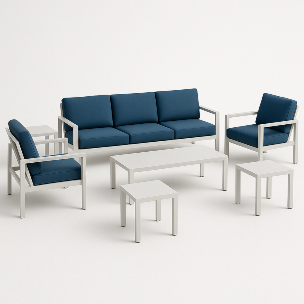 Muebles de Exterior Sofá 3 Plazas + 2 Sillones + Mesa Centro 100x50 cm + 2 Mesas Auxiliares - Cojines Azules, Estructura Blanca