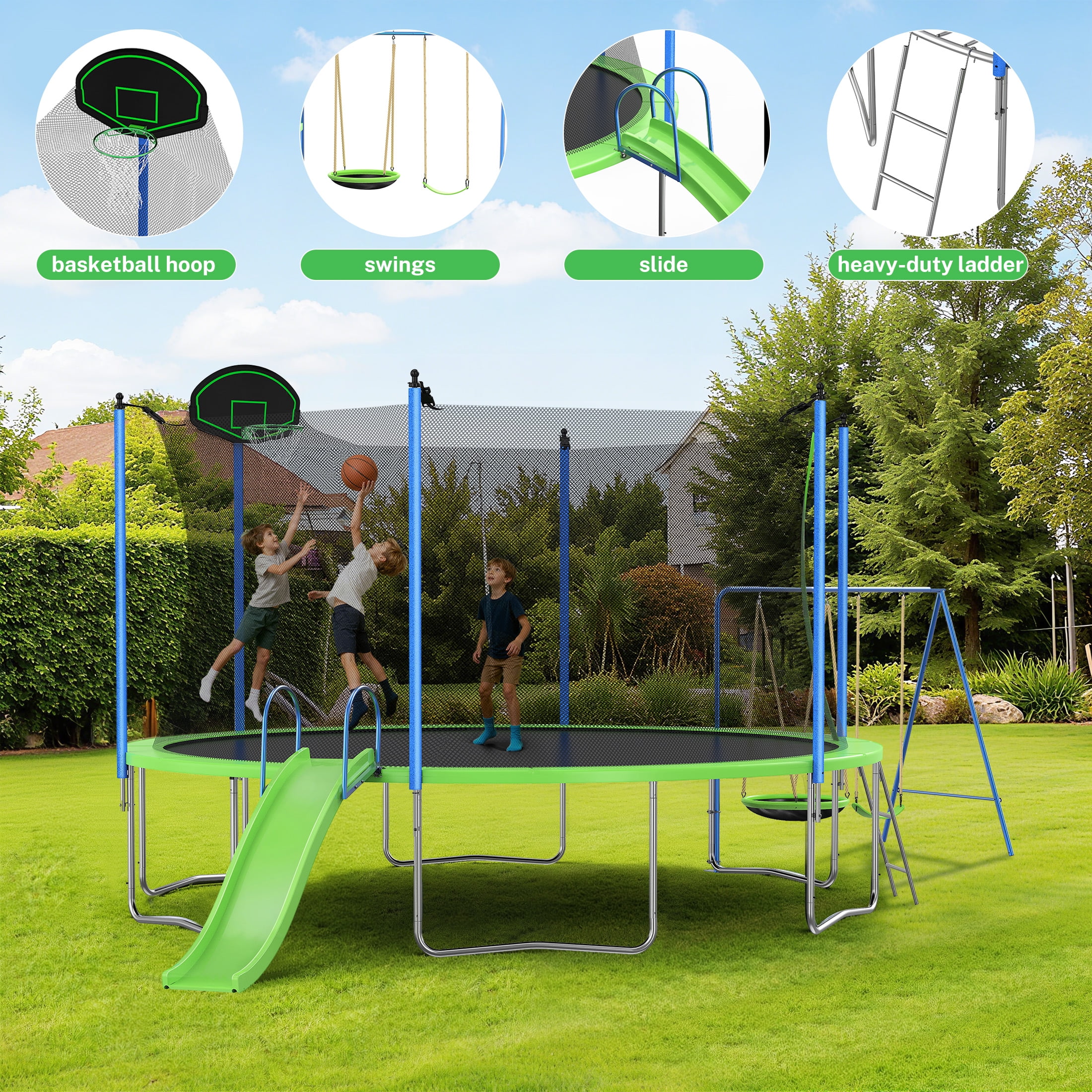 12FT Trampoline with Slide, Swings, SEGMART Recreational Trampoline with Basketball Hoop and Ladder, Heavy Duty Outdoor Backyard Trampoline with Net for Kids and Adults, Green - Image 8
