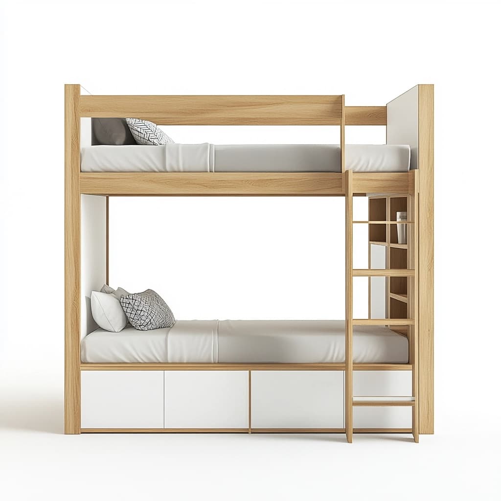 Litera de Madera Maciza Natural/Blanco con Almacenamiento
