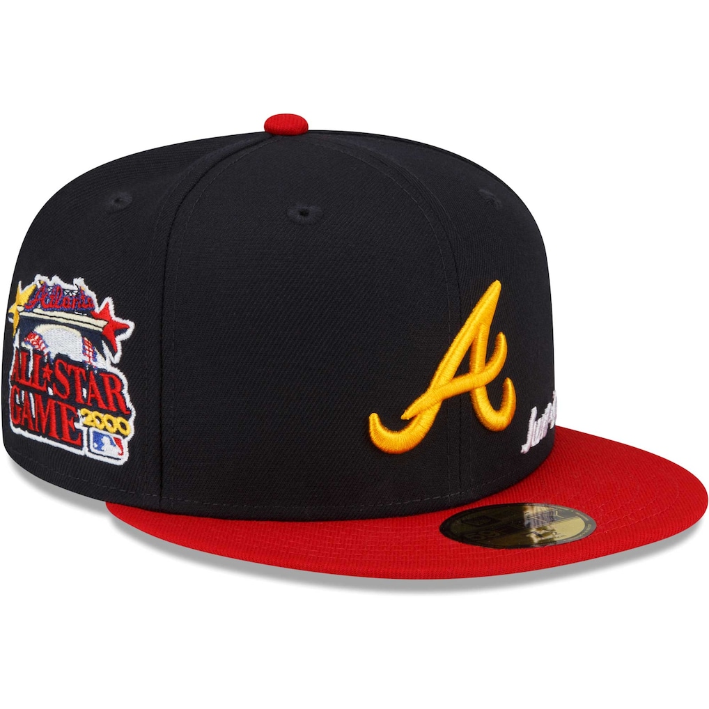 Angled right view of the New Era x Just Don Atlanta Braves 59FIFTY Fitted Hat showcasing the 2000 MLB All-Star Game side patch.