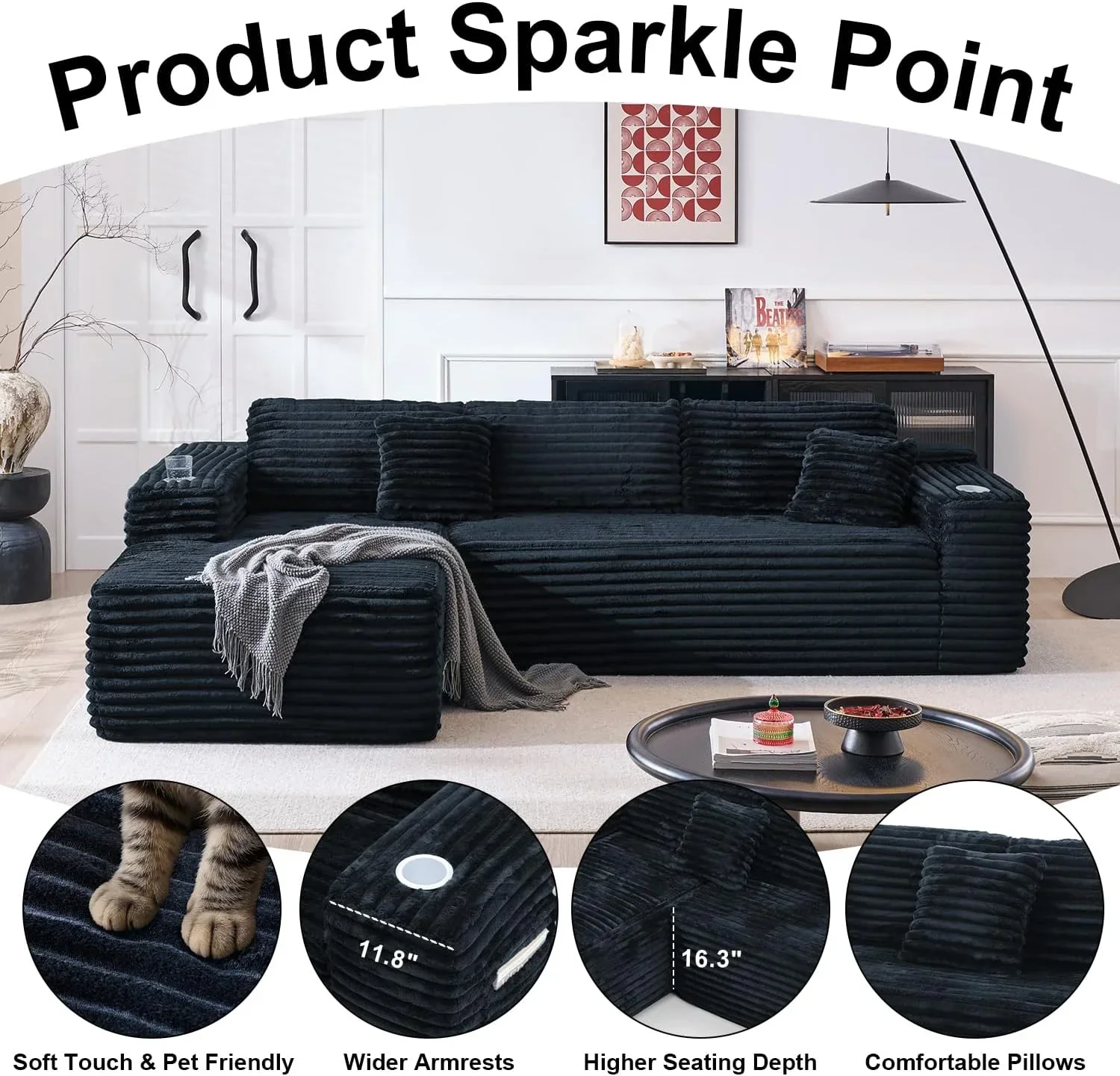 Cloud section sofa with L-shaped recliner modern modular sofa built-in cup holder