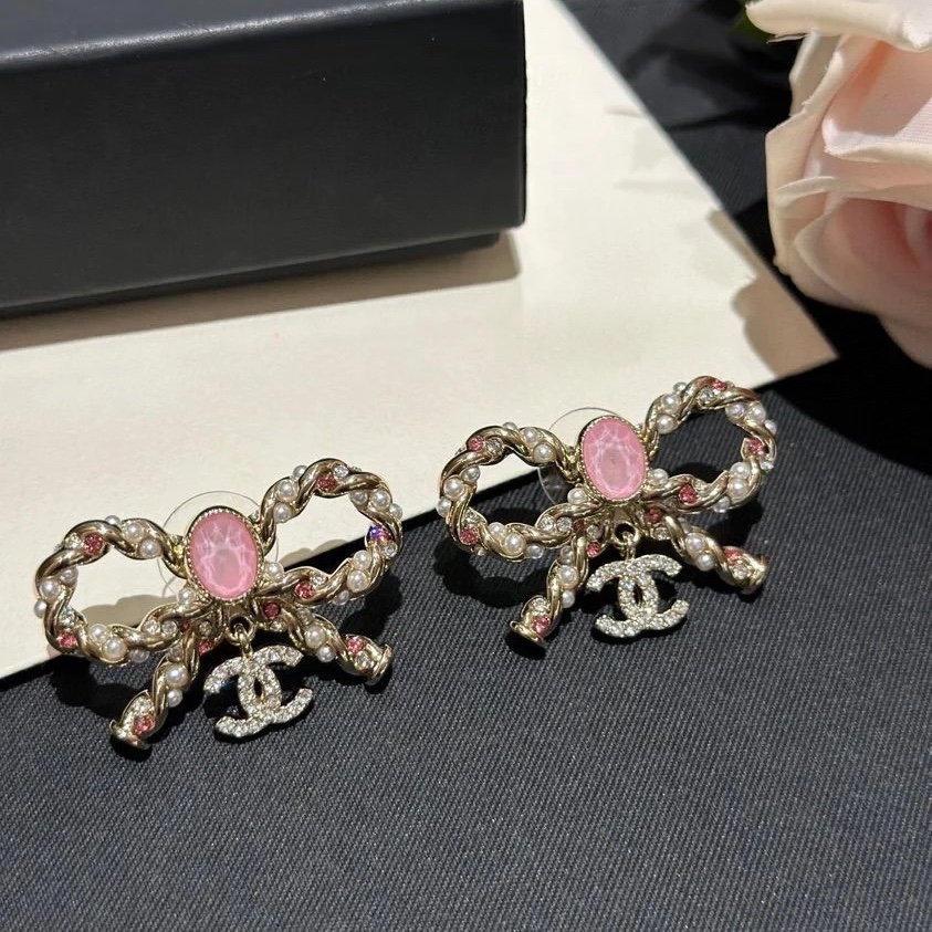 Chanel Pink Rhinestone Bow Brooch Earrings - Original Replica Club