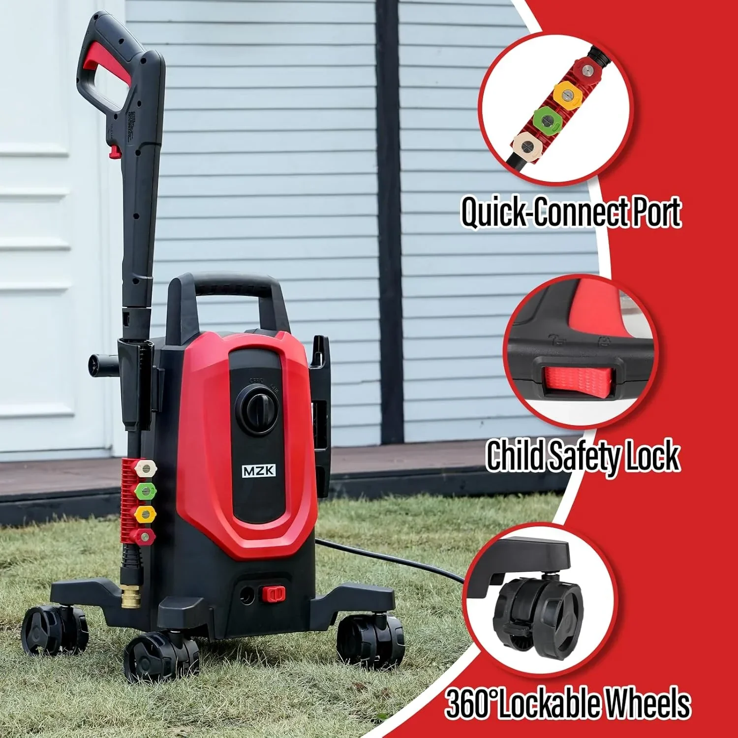 MZK electric high-pressure cleaner with 360° quick-connect nozzle and replaceable foam cannon