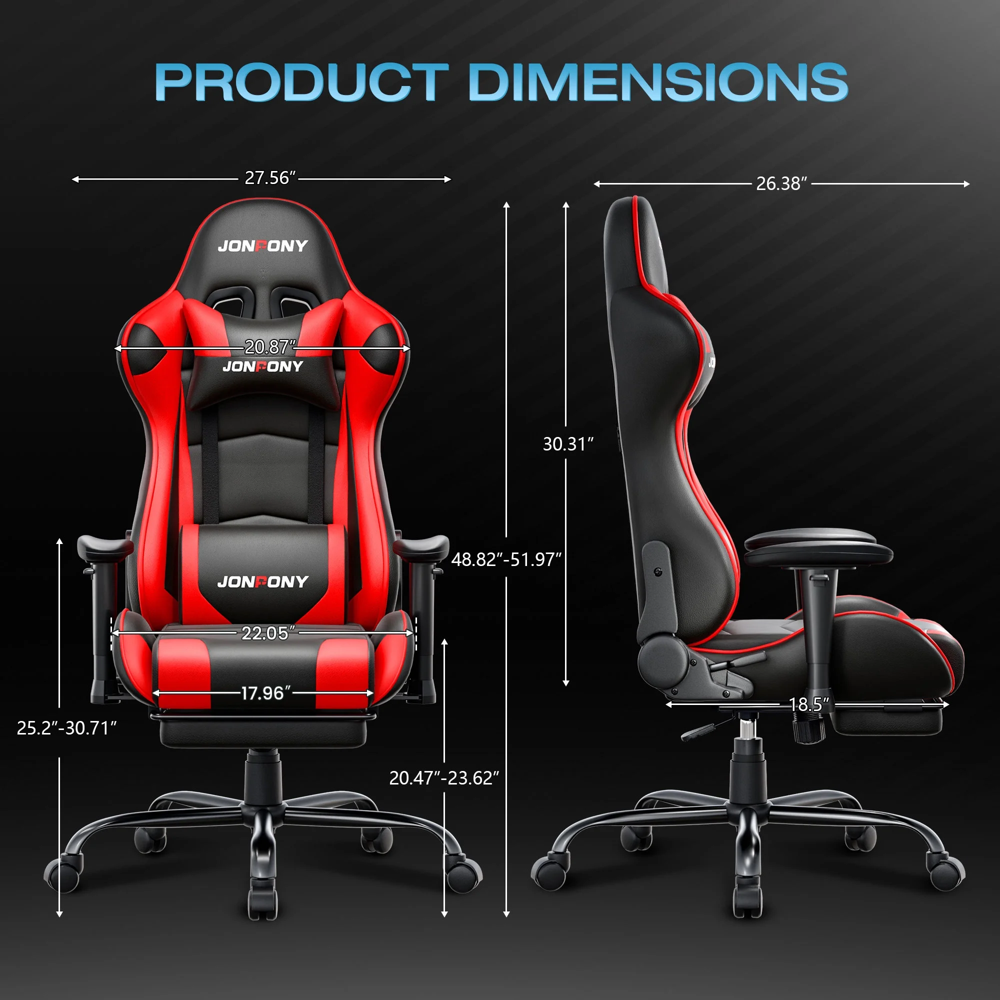 JONPONY Big and Tall 500LBS Gaming Chair, Ergonomic Design, Gamer Chair PU Leather with Footrest and Lumbar Support, High Back Office Chair Support 8 Hours Long Sitting,Red Computer Chair,Red - Image 2