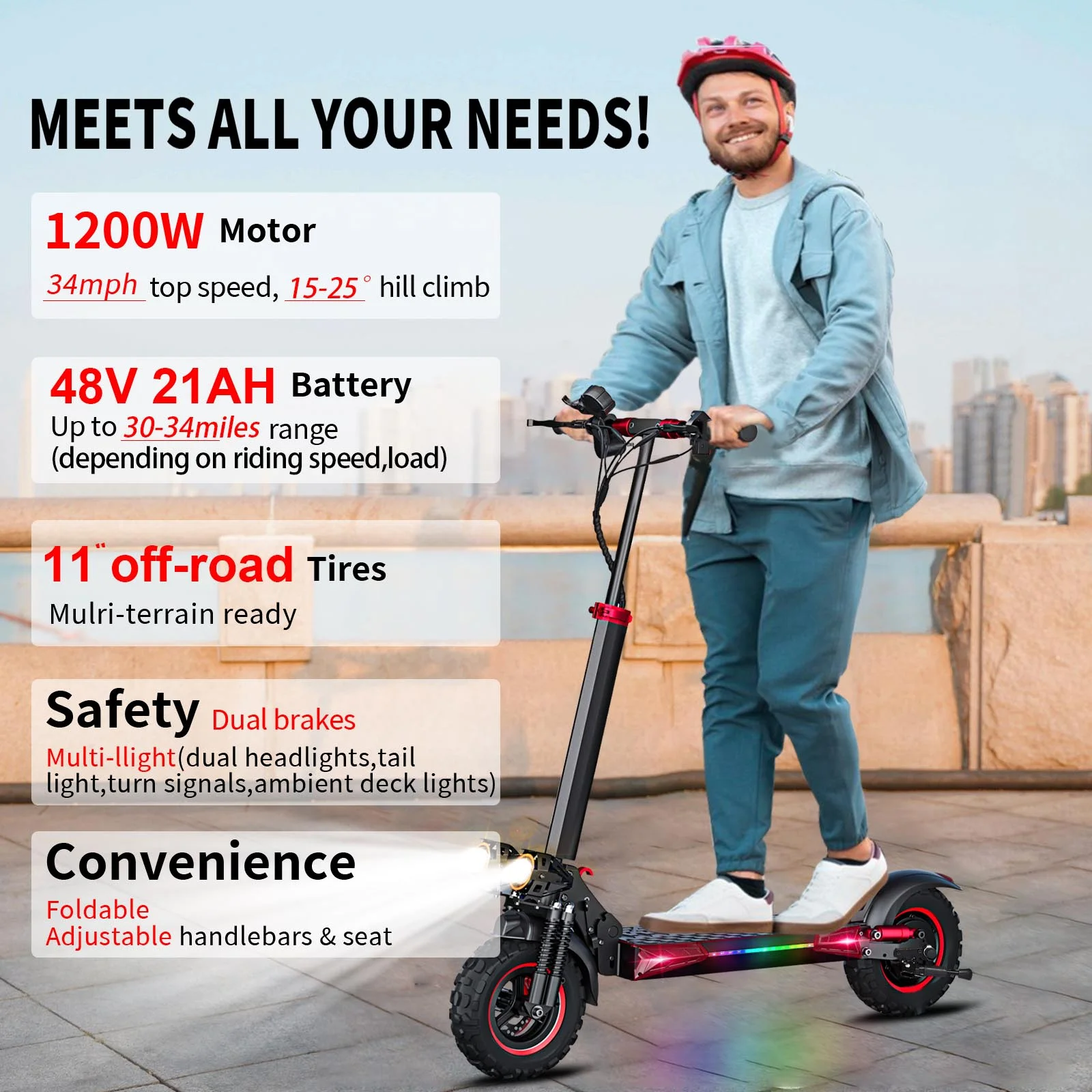 MIWEN 11'' Offroad Electric Scooter for Adult with Seat-1200W Motor up to 34MPH,30-34Miles Long Range Fast Electricscooter-48V 21Ah Foldable Escooter - Image 4