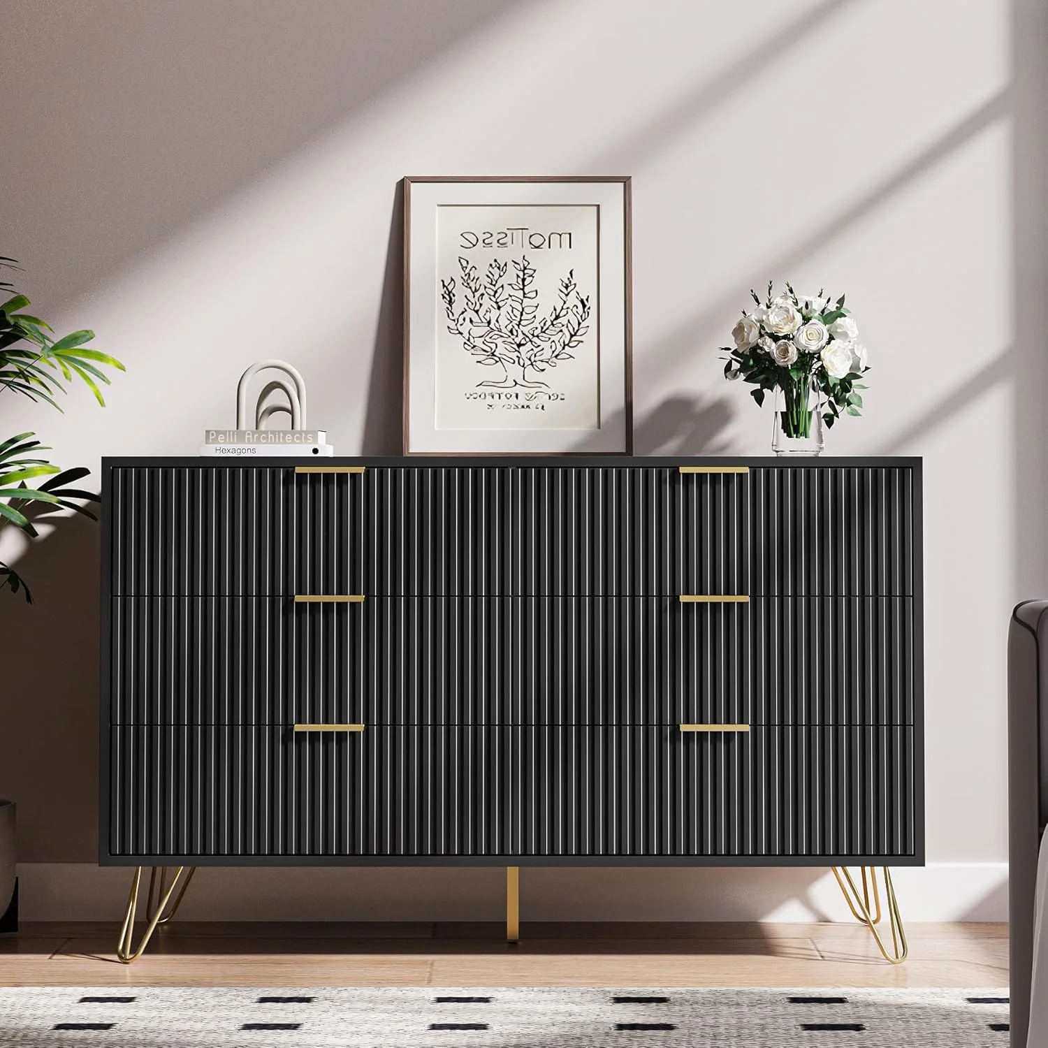 FURNIWAY White 6 Drawer Dresser for Bedroom, Modern Dresser with Gold Metal Handles,Fluted Wood TV Stand for Living Room, Hallway - Image 10