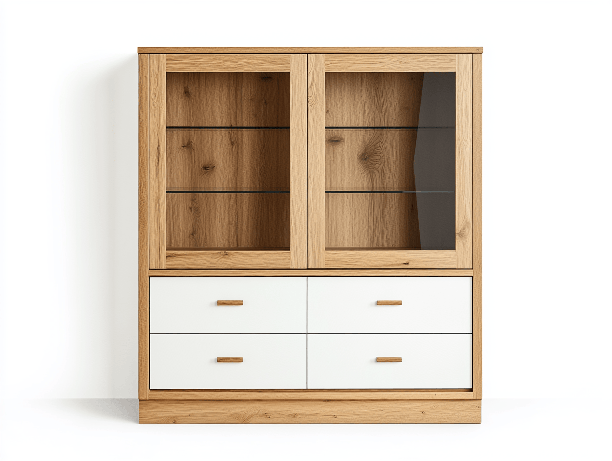 Armario de pared blanco y roble con puertas de vidrio y cuatro cajones, 80x40x120 cm