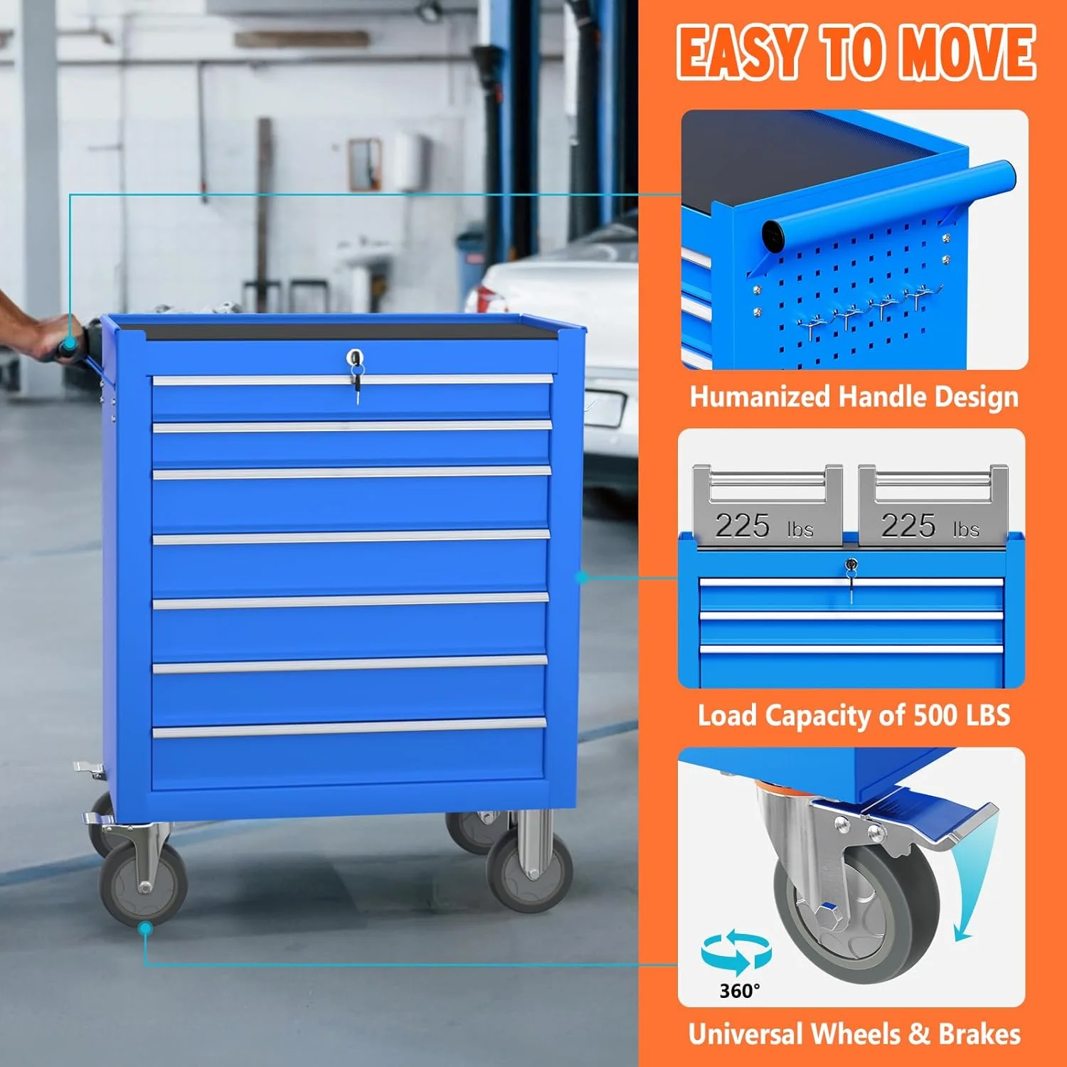 7 Drawers Large Capacity Rolling Tool Chest, Metal Tool Box with Wheels and Drawers, Tool Storage Cabinet with Keyed Locking, Tool Organizer Box for Garage, Workshop, Warehouse (Blue) - Image 5