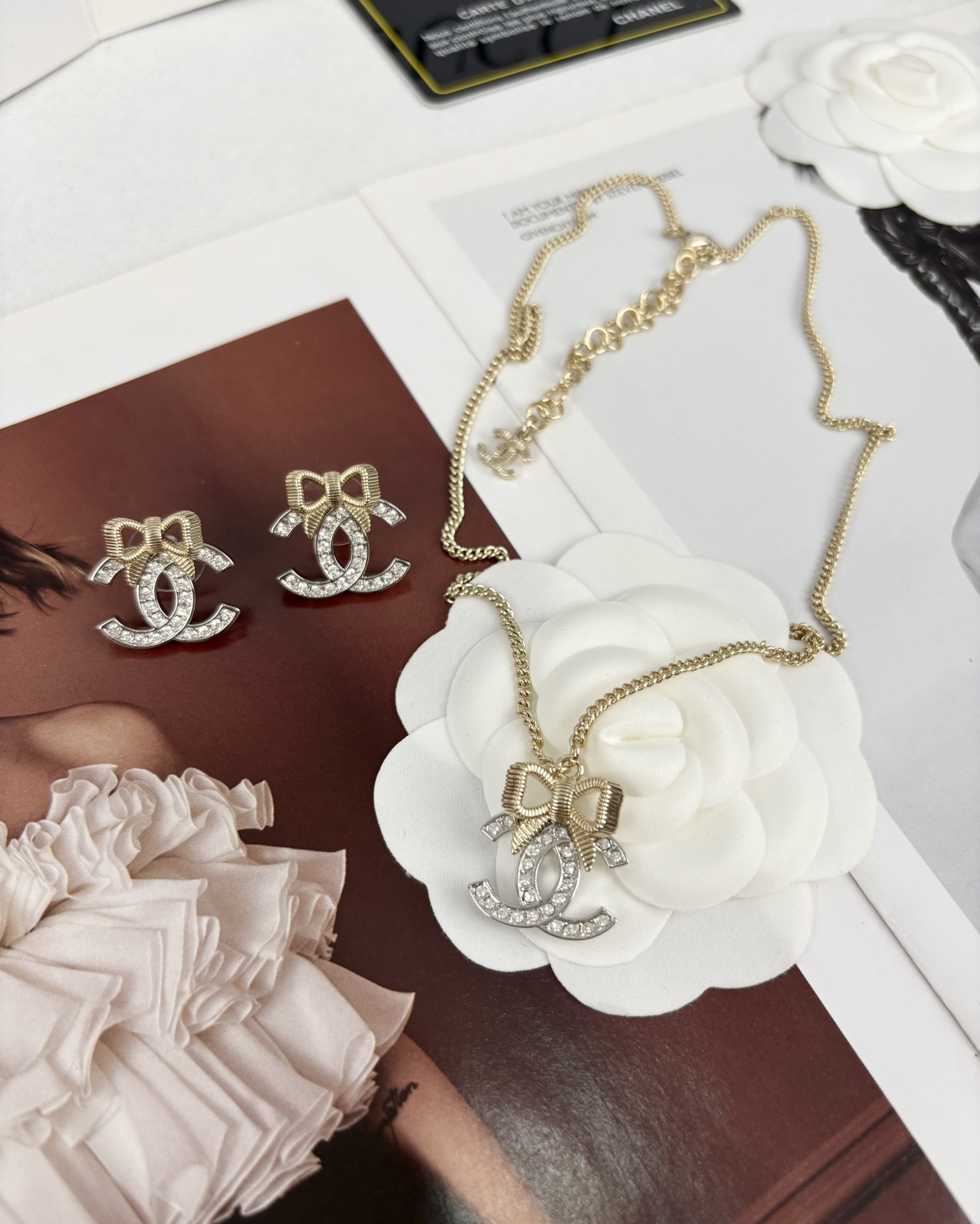 Chanel Light Gold Bow Mixed Silver CC Brooch Earrings Necklace - Original Replica Club