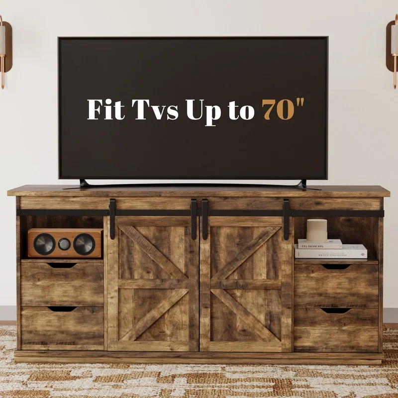 Vineego 70 inch Farmhouse TV Stand for Living Room, Entertainment Center with Sliding Barn Doors & 4 Storage Drawers, Adjustable Shelves Rustic Media Console for Bedroom,White - Image 28