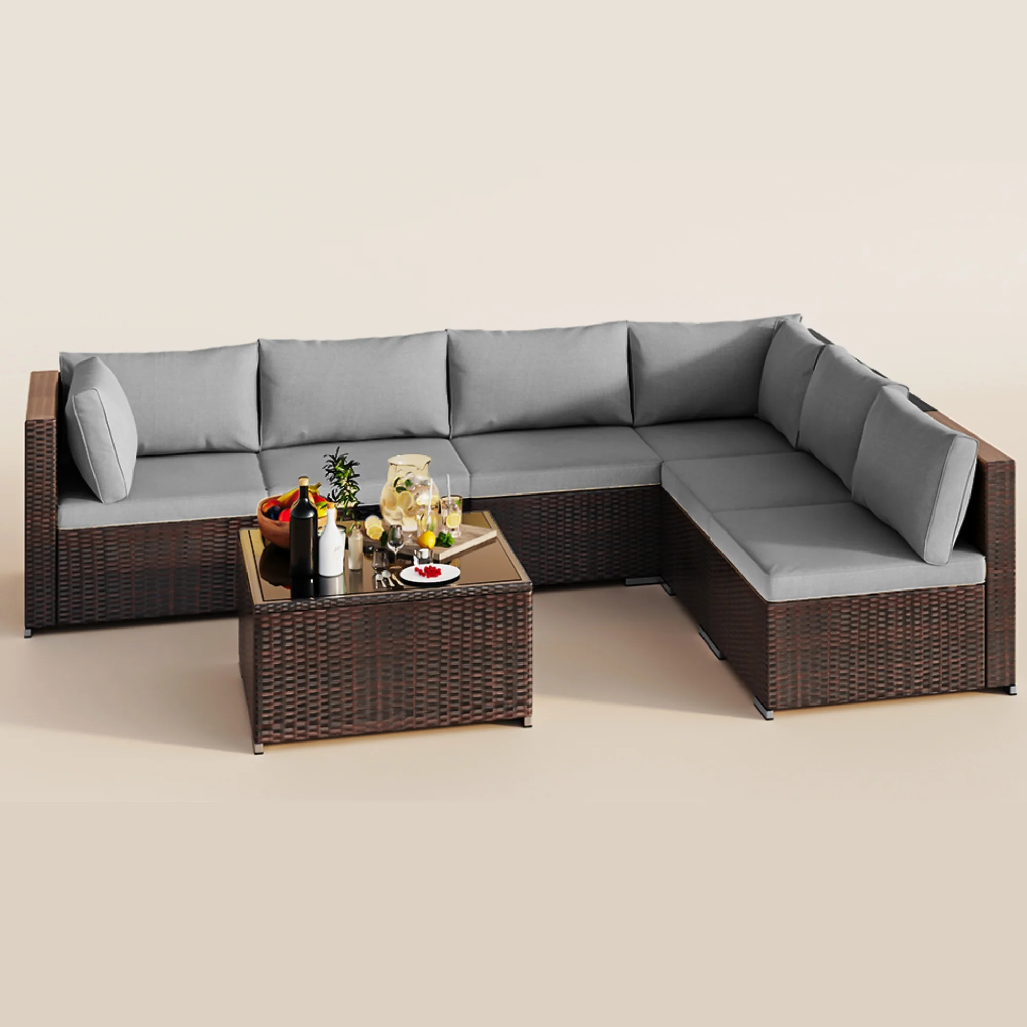 Patio Furniture Set on Sale, Lofka 7-Piece Outdoor Sectional Furniture Set with Glass Coffee Table Garden, Gray - Image 7