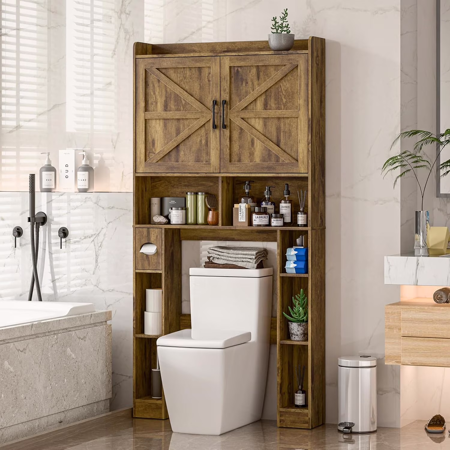 Vabches Over The Toilet Storage Cabinet with Toilet Paper Holder Stand, Above Toilet with Adjustable Shelf & 2 Doors - Image 7